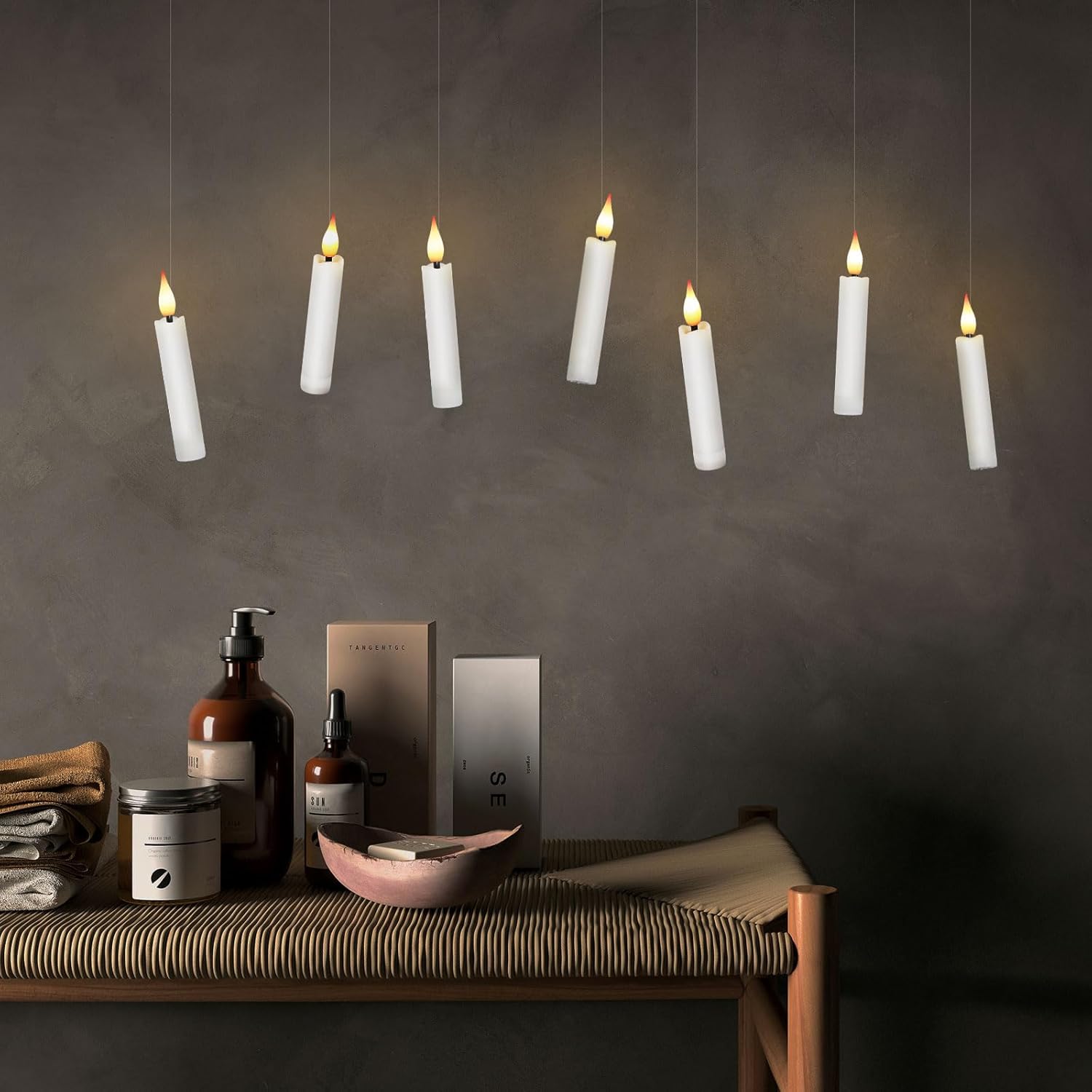 IMAGE 24Pcs LED Taper Candles Light Set Floating Effect with Fishing Line Flameless 3D Wick Ivory Candles with Clip-on Christmas Tree Design, 10-Key Remote with Timer, Warm White Light