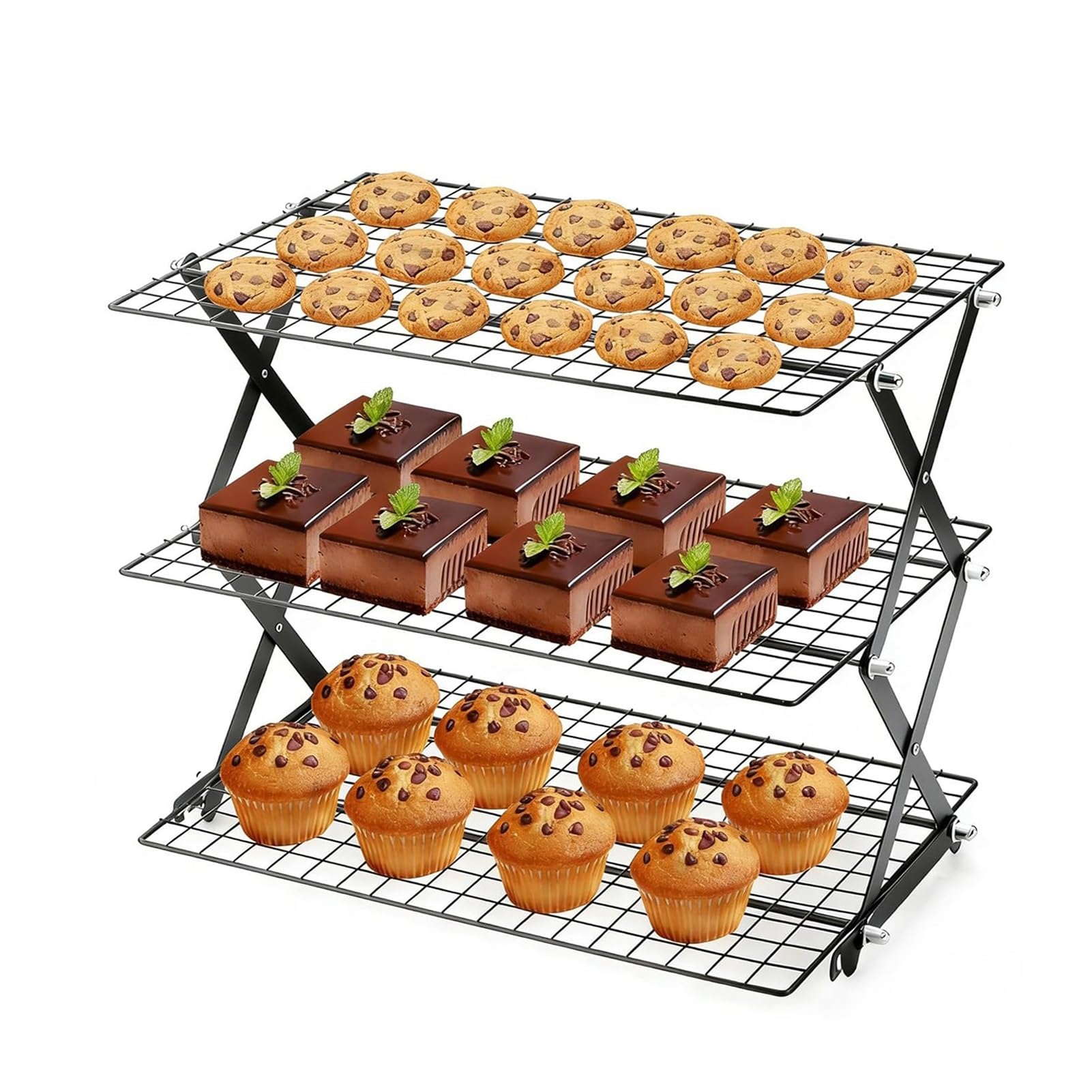 JOUFNING Stackable Cupcakes Cooling Racks – Nonstick Carbon Steel Baking Racks with Collapsible Legs, Perfect for Cooking, Roasting, Grilling, Drying & Cooling Cookies(3-Tier)