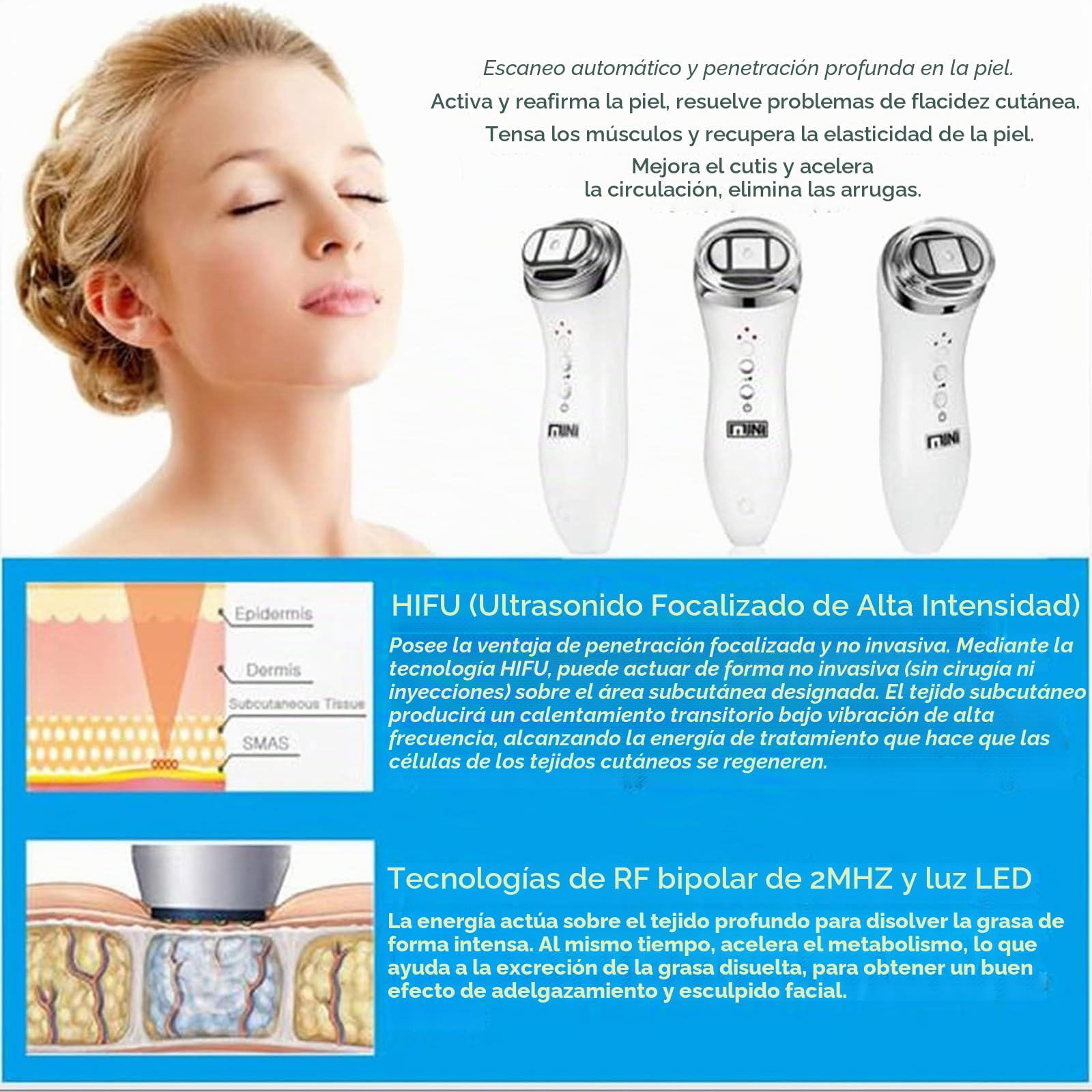Facial Aparato Radiofrecuencia, Mini HIFU Masajeador de Radiofrecuencia de RF, Ultrasonido Enfocado de Alta Intensidad, Masajeador de Belleza por Ultrasonidos Levante Firme
