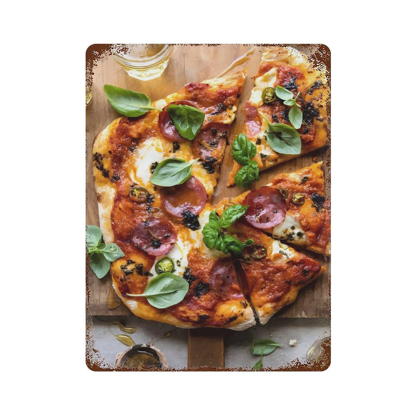 Pepperoni Pizza with Basil Aged Metal Wall Plaque 15.7"x11.8", Classic Wall Plaque for Garage, Pub Or Kitchen