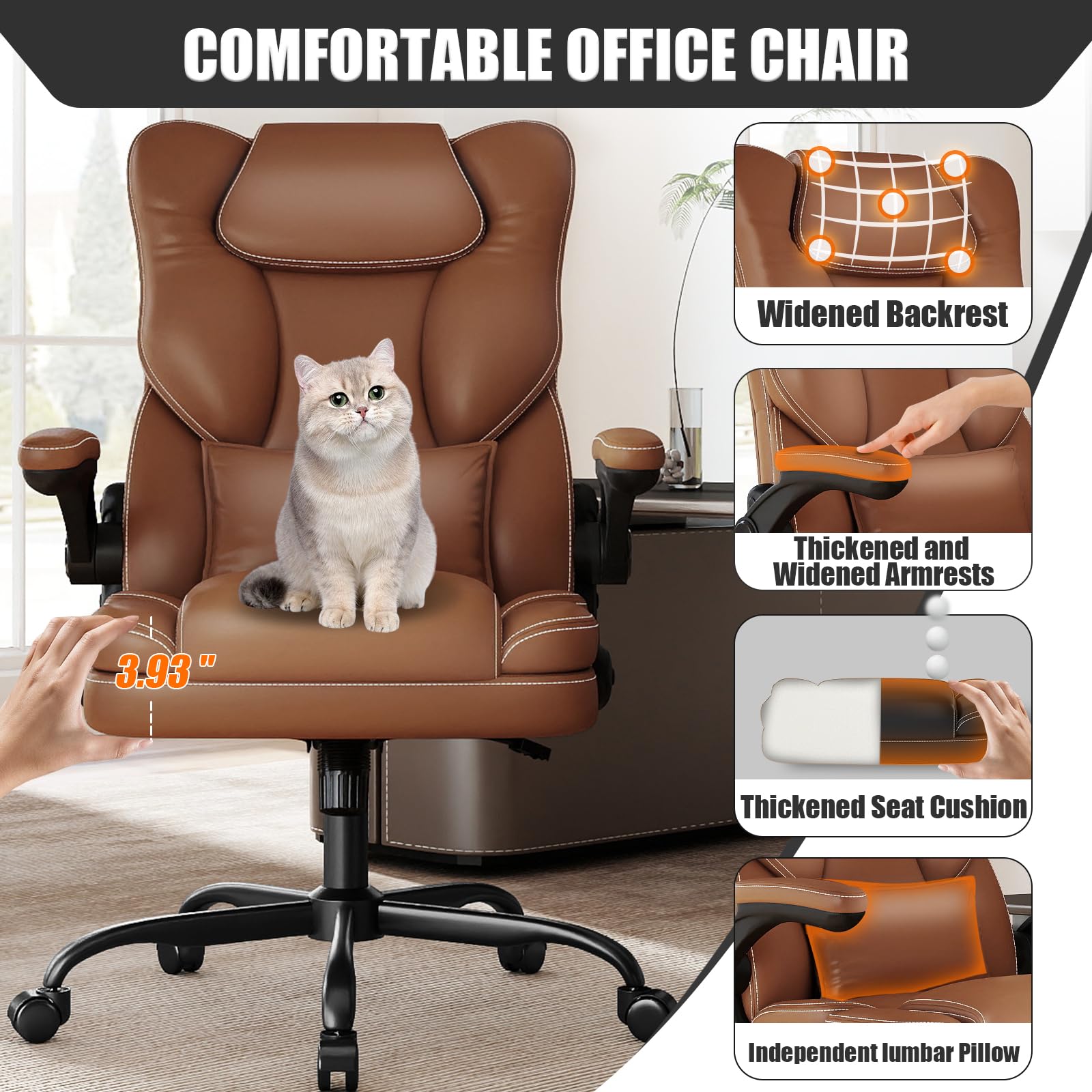 Ergonomic Office Chair with Flip-up Armrests 300lbs,Middle- Tall Computer Office Desk Chair with Lumbar Support,Executive PU Leather Chair with Rocking Function Adjustable Height for Home Office