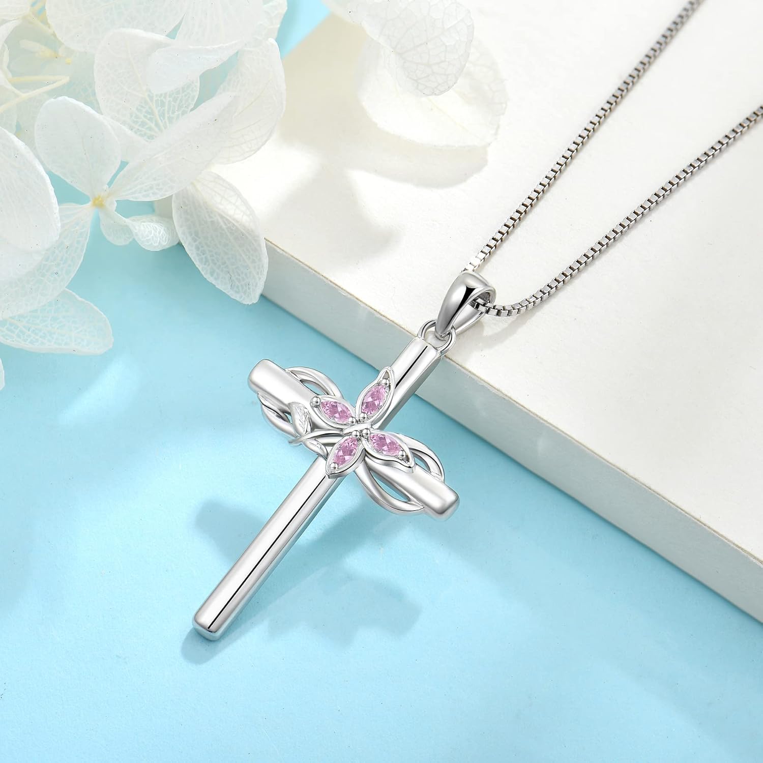 Cross Necklace for Women 925 Sterling Silver Butterfly Cross Pendant Necklace Birthstone Jewelry Gifts for Her - Image 4