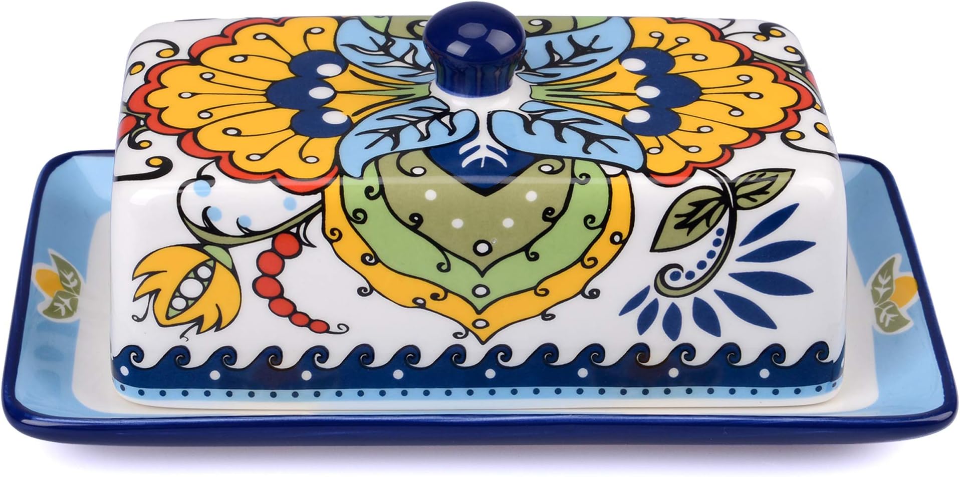 NAGU Ceramic Butter Dish (Hand Drawn) 2-Piece Cover and Plate Combo Rustic, Vintage Kitchen Decor Decorative, Country Style Look Counter, Refrigerator, Table