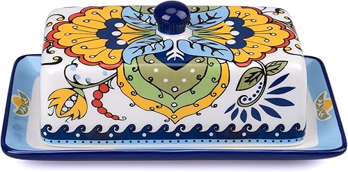 NAGU Mantequera de cerámica dibujada a mano con tapa, bandeja de mantequilla de granja con tapa, soporte de contenedor de queso vintage para NAGU Mantequera de cerámica dibujada a mano con tapa, bandeja de mantequilla de granja con tapa, soporte de contenedor de queso vintage para