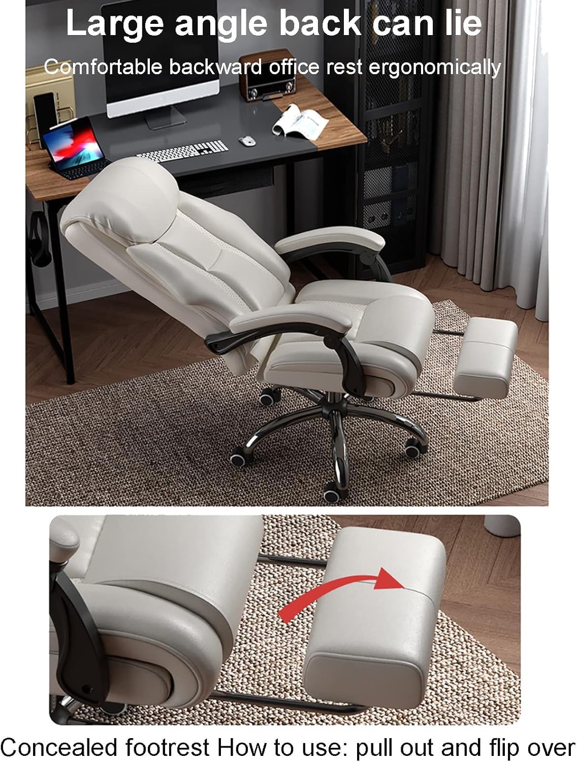 Krzesło biurowe z wysokim oparciem i kółkami dla ciężkich osób - ergonomiczne skórzane krzesło biurowe, rozkładane krzesło komputerowe w kolorze czarnym, brązowym, 64x46-54 cm (25x18-21")