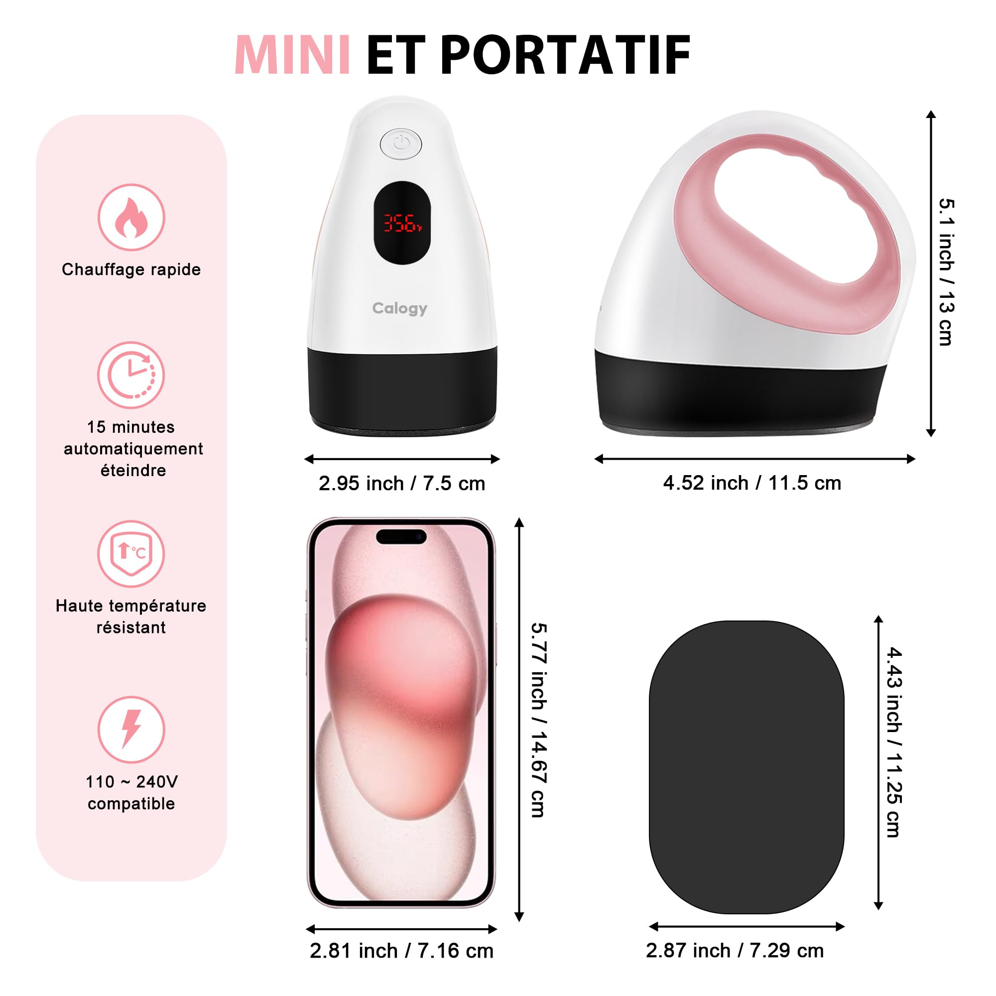 Calogy Mini Presse à Chaud, Machine Impression Textile Petit, Portable Mini Fer avec Affichage LED, 3 Niveaux Contrôle de la Température, Base Sécurité Isolée pour Tee Shirt, Casquett（Blanc Rose)