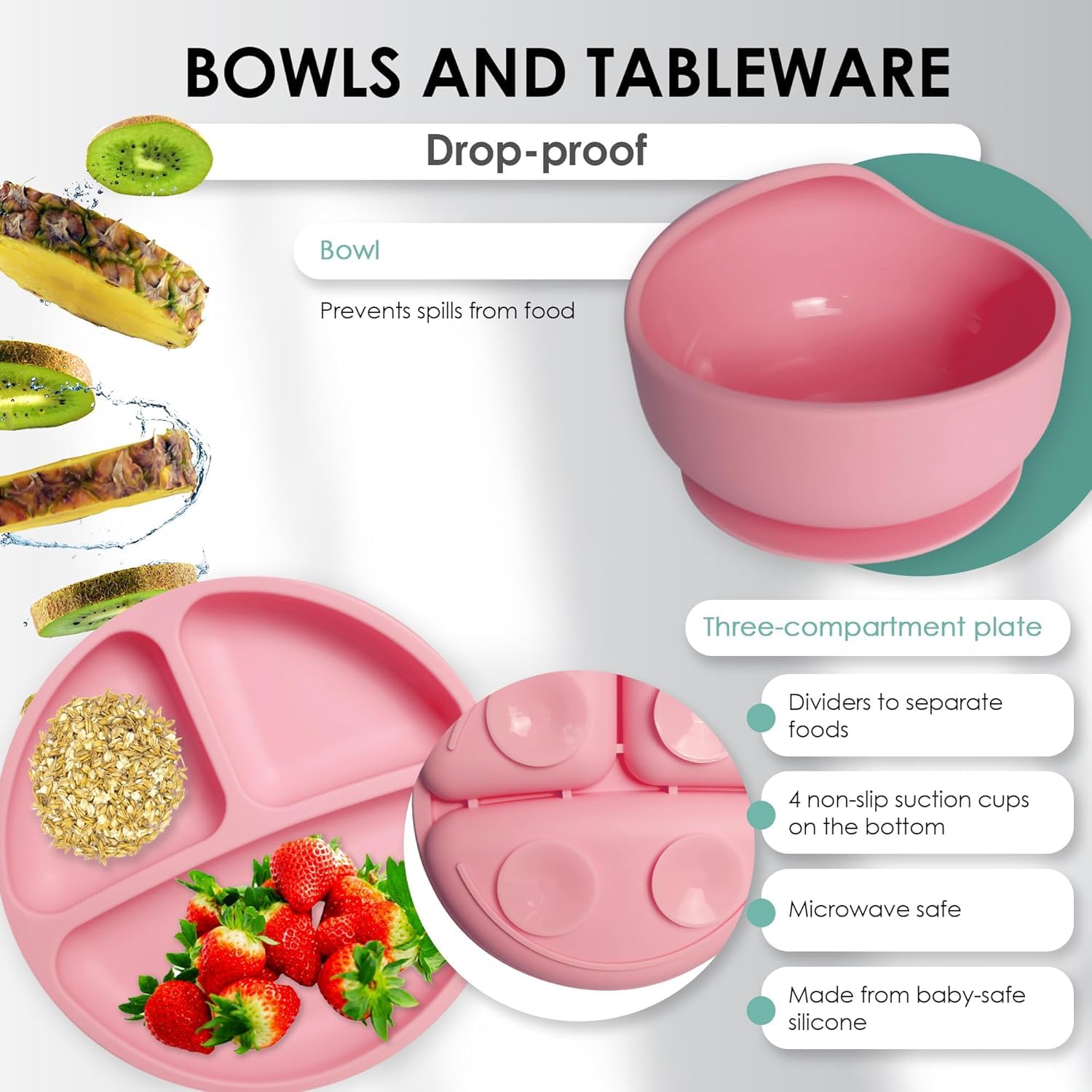 QLECT BPA Free Silicone Baby Feeding Set | Microwave Safe | Complete Set for Feeding & Baby Training | Anti-Slip Base | Babies & Toddlers with Suction Plate Bowl Cup Spoon Fork & Bib (Pink) 1