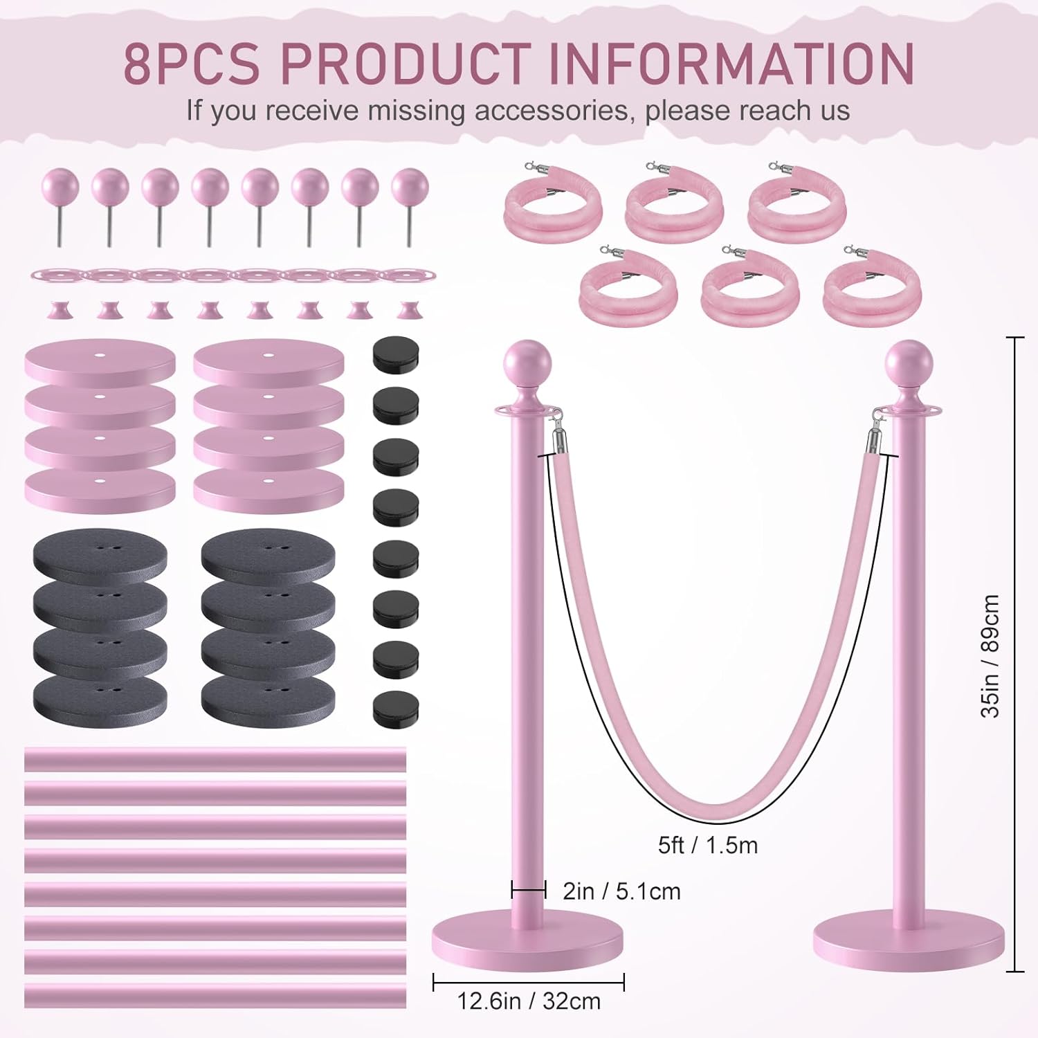 kaiyomi 8Pcs Stanchions with Pink Velvet Ropes Set, 5 Feet Velvet Ropes and Posts Poles for Red Carpet Party Decoration and 360° Photo Booth (Pink) Ball Dec Pink (Ball) 8
