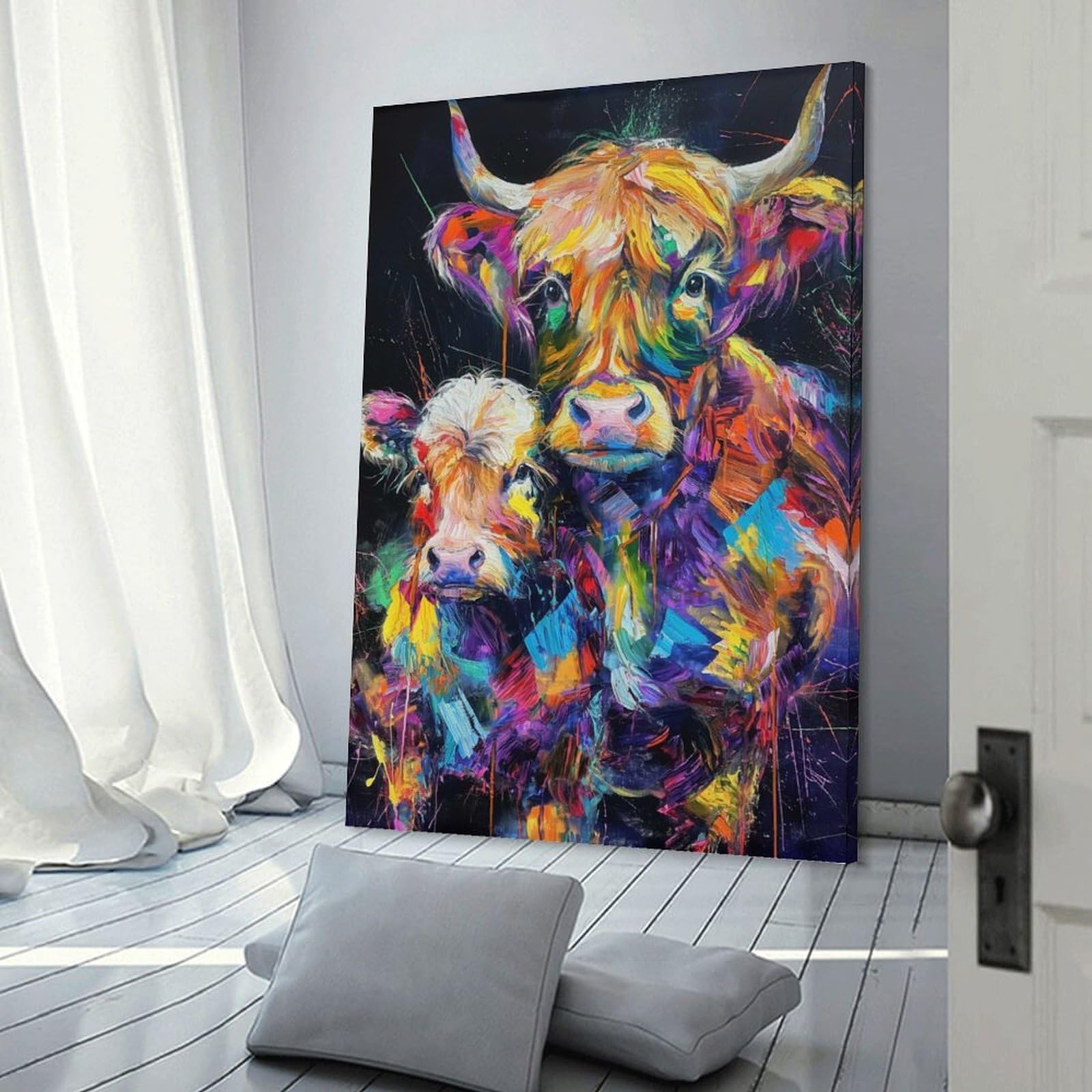 Junmoney Frame-Style-10-1 Colorful Highland Cows Canvas Art Print 16X24inch(40X60cm), For Apartment Walls, Studios Or Work Areas, An Easy Choice For New Home Styling