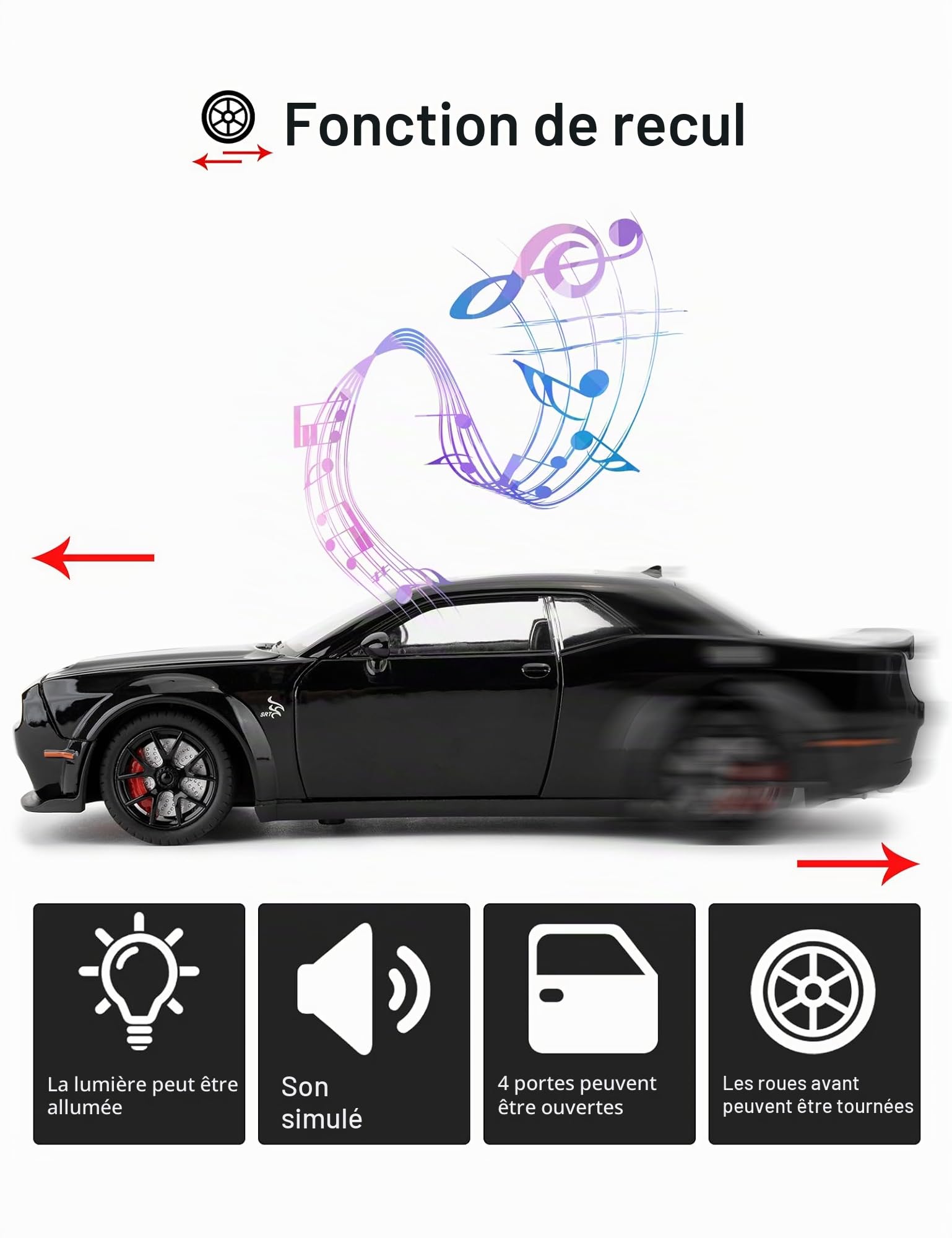 imtfzct Modèle de voiture 1/24 Dodge Challenger SRT Hellcat, modèle à collectionner en métal avec lumières et sons, jouet de voiture à tirer vers l'arrière pour décoration, cadeau d'anniversaire pour