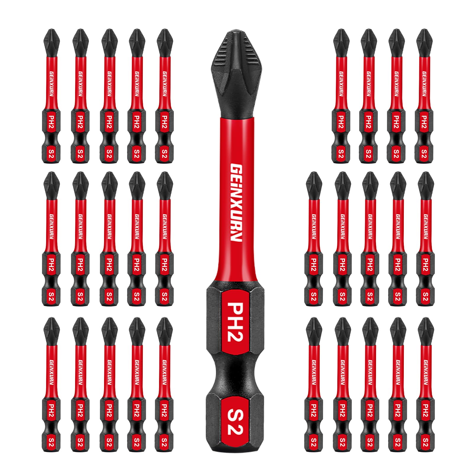 Geinxurn Juego de 30 puntas magnéticas #2 Phillips de 2 pulgadas. Puntas hexagonales antideslizantes para destornillador, vástago hexagonal de 1/4 pulgadas resistente a impactos PH2