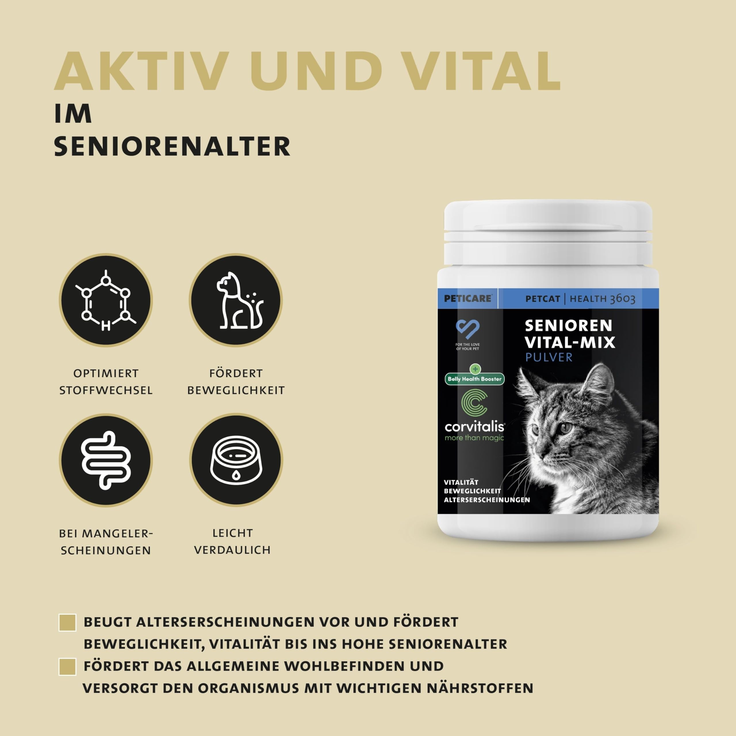 Peticare Senior Aktiv Vital Mix Pulver für alte Katzen | Natürliches Ergänzungsfutter-Mittel mit Grünlippmuschel, MSM, Curcuma | fördert Immunsystem & bei Mangelerscheinungen | petCat Health 3603