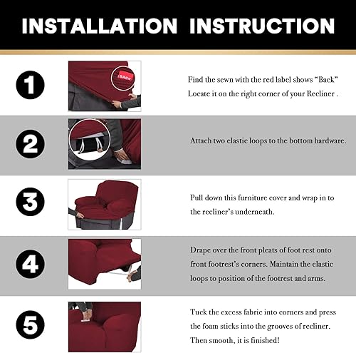 Miniatura 6 de PrinceDeco Funda para silla reclinable, elástica, 1 pieza, protector de muebles con parte inferior elástica para silla con bolsillo lateral, gruesa,