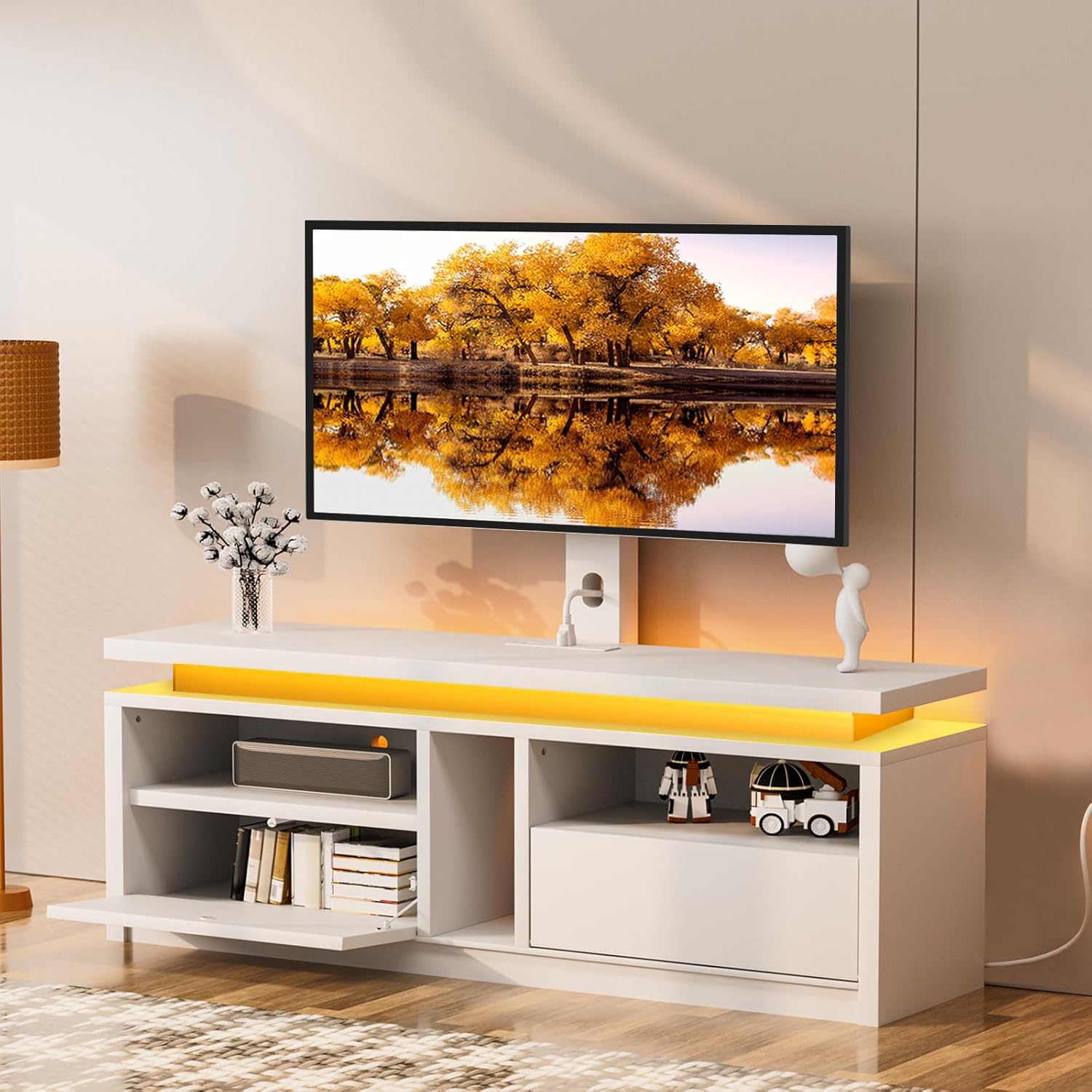 HOOBRO TV Stand with Mount, Swivel TV Stand Mount for 75 inch TV, Entertainment Center with Power Outlet, Height Adjustable TV Console with Flip Down Drawer for Living Room, Bedroom, White