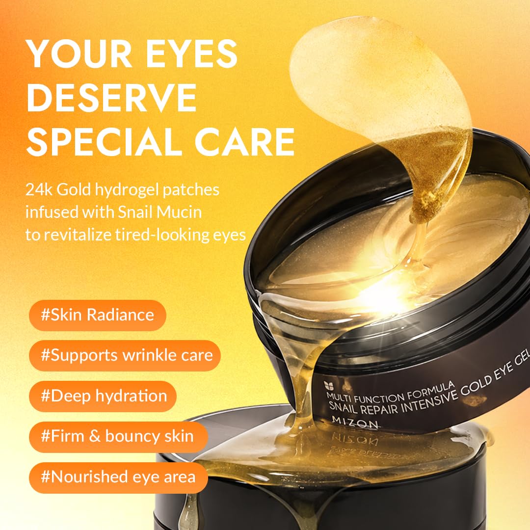 MIZON SNAIL INTENSIVE GOLD EYE GEL PATCH for Dark Circles, Moisturising Eye Serum Mask, Cooling Hydrogel for Under Eye Bags, Reduces Wrinkle 30 PAIRS (Gold & Snail)