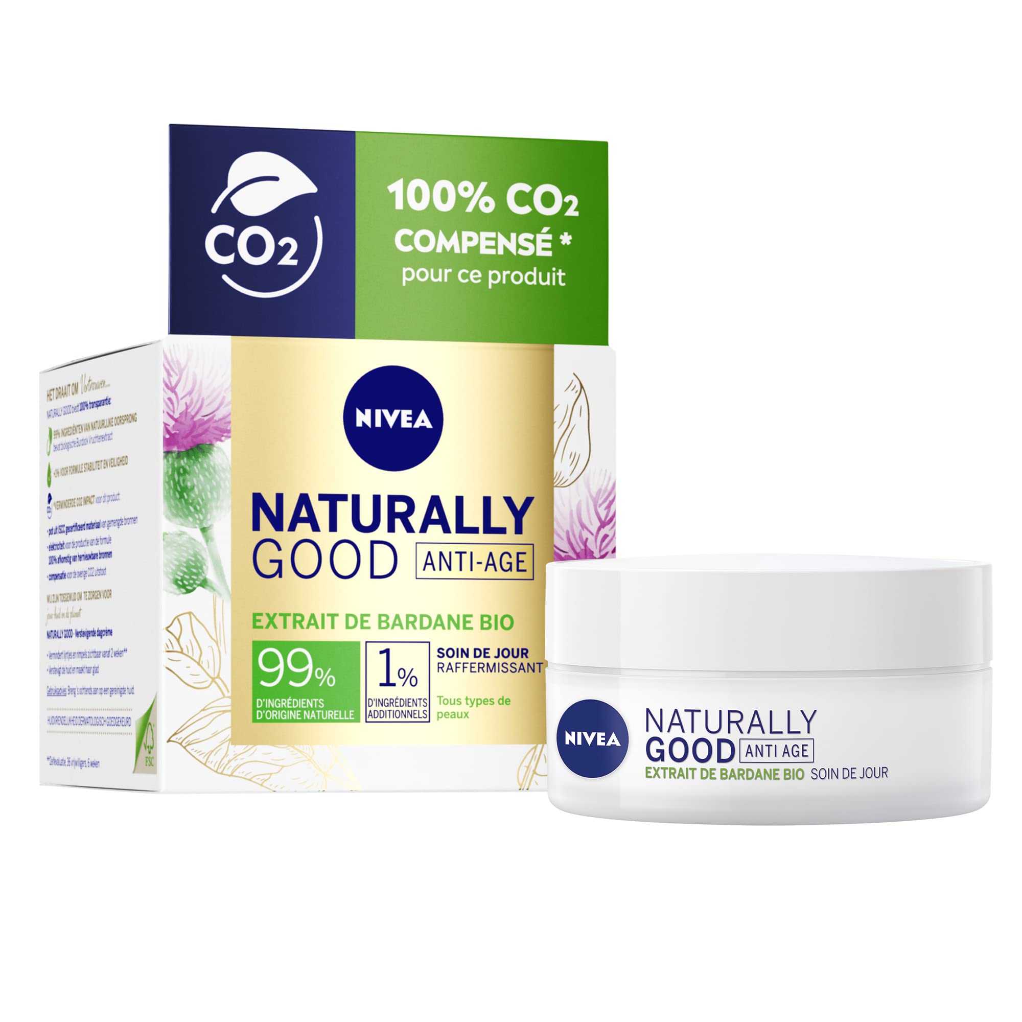 NIVEA NATURALLY GOOD Anti-Aging Tagespflege mit Klettenextrakt Pot (1 x 50 ml), Feuchtigkeitscreme für alle Haut, auch empfindliche Haut, 24h Feuchtigkeitscreme Gesicht