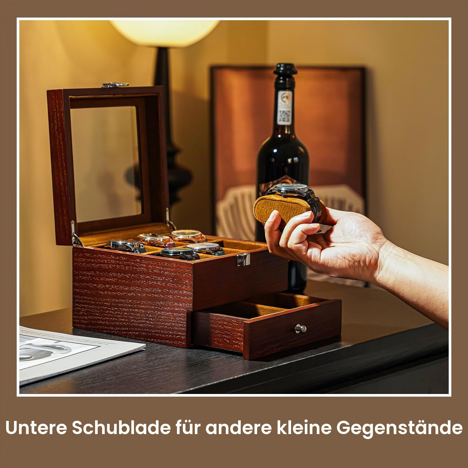 ProCase Holz-Uhrenbox für Herren, 6 Fächer, Herren-Uhren-Organizer mit Glasplatte, 2-stöckiges lackiertes Vitrine für Armbanduhr-Aufbewahrung – Espresso