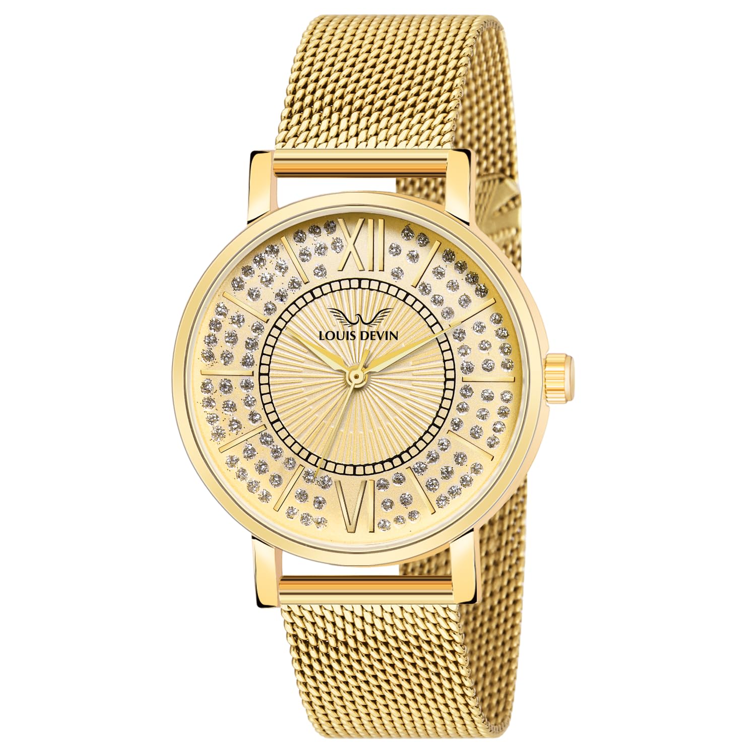 Gold Plated Mesh Chain Analog Wrist Watch for Women (White/Black/Golden Dial) | LD-GLD196-image-28