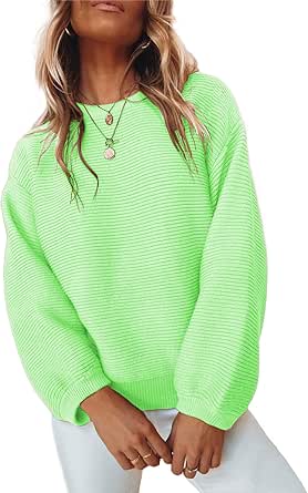 ARTFREE Womens Ribbed Knit Crewneck Sweater Lantern Sleeve Casual Loose Stretchy Solid Fall Winter Sweaters Pullover Tops