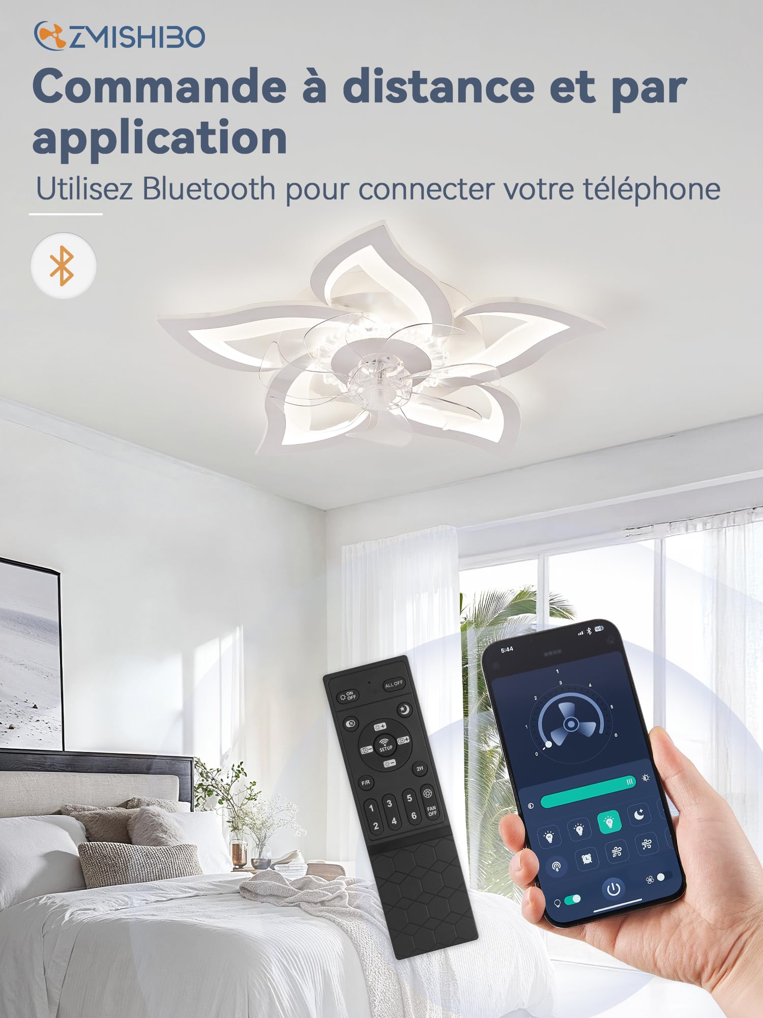 ZMISHIBO Lustre Ventilateur de Plafond Floral à 69cm, Moteur CC Inversible 6 Vitesses, LED Dimmable avec Lumière, Bluetooth APP, Lampe Ventilateur Silencieuse pour Chambre Cuisine Salle à Manger,Blanc