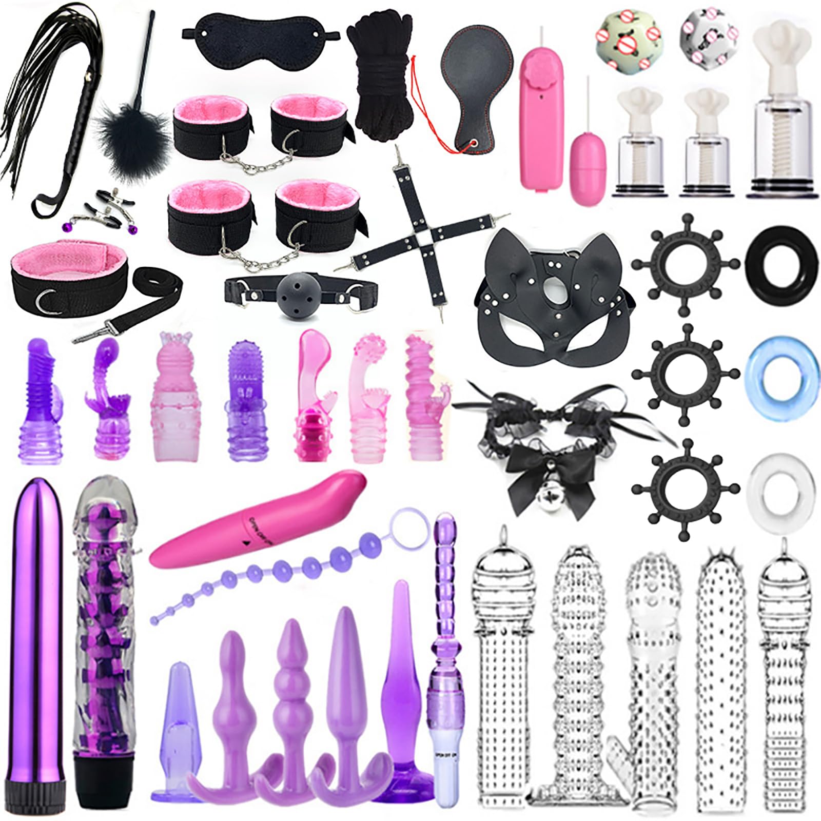Bondage Set Jouets Sexuels avec 47 Pièces Lit Sm Bondage Sexuel Extrêmement Érotique Jouets Sexuels Fétichistes avec Menottes Réglables Menottes de Cheville Plug Anal Fouet Bandeau pour Femmes Hommes