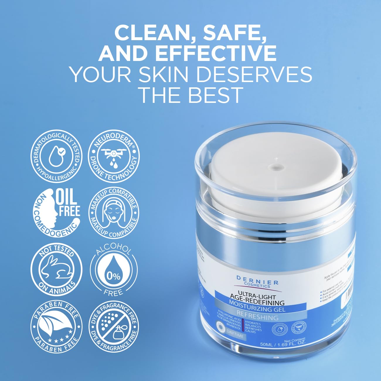 Dernier Ultra-Light Face Moisturizer Day Gel with Hyaluronic Acid and Aloe-Ideal for Daily Skin Care Routine Anti-Aging Neck Wrinkles Treatment-Hydrates Balances Refreshes (1.7 fl Oz)