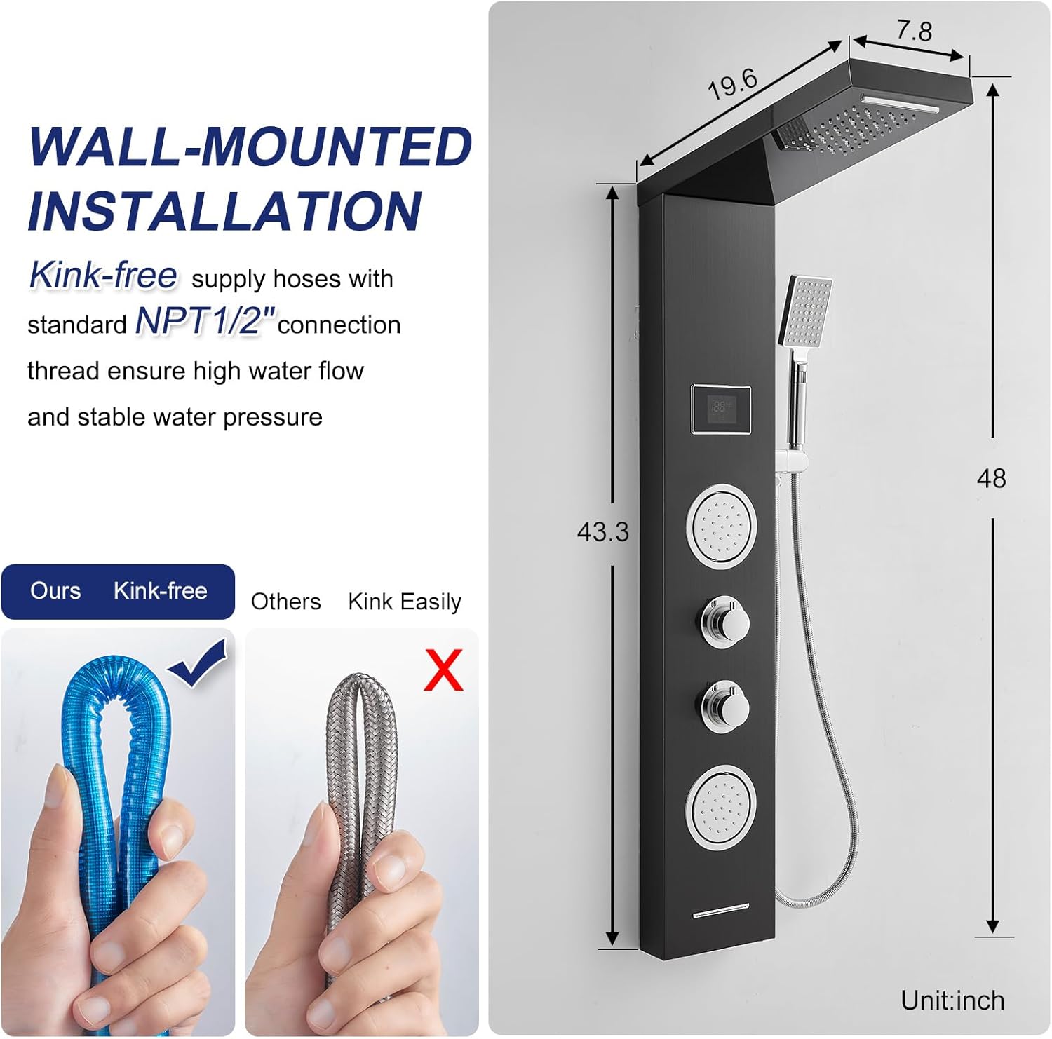 rovate led shower panel tower system - rainfall waterfall shower, round body jets, handheld and tub spout, digital temp-display, led knob, no battery needed 5-in-1 stainless steel shower column black