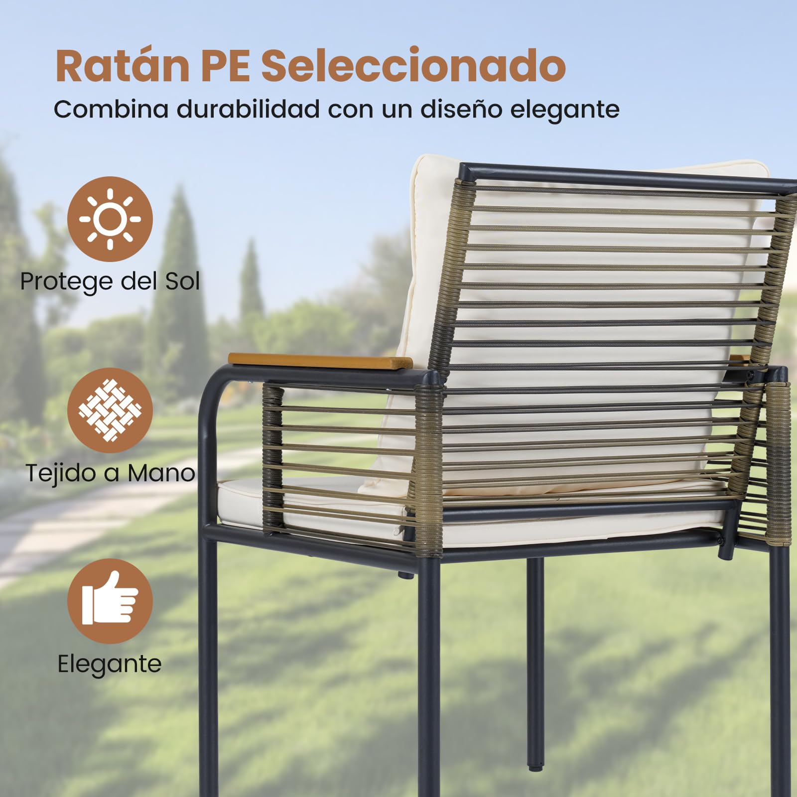 COSTWAY Conjunto de Muebles de Jardín, 3 Piezas de Ratán para Exterior Que Ahorra Espacio con Cojines, Mesa Rectangular de Vidrio y Sillas de Ratán para Balcón, Jardín y Patio (Beige)