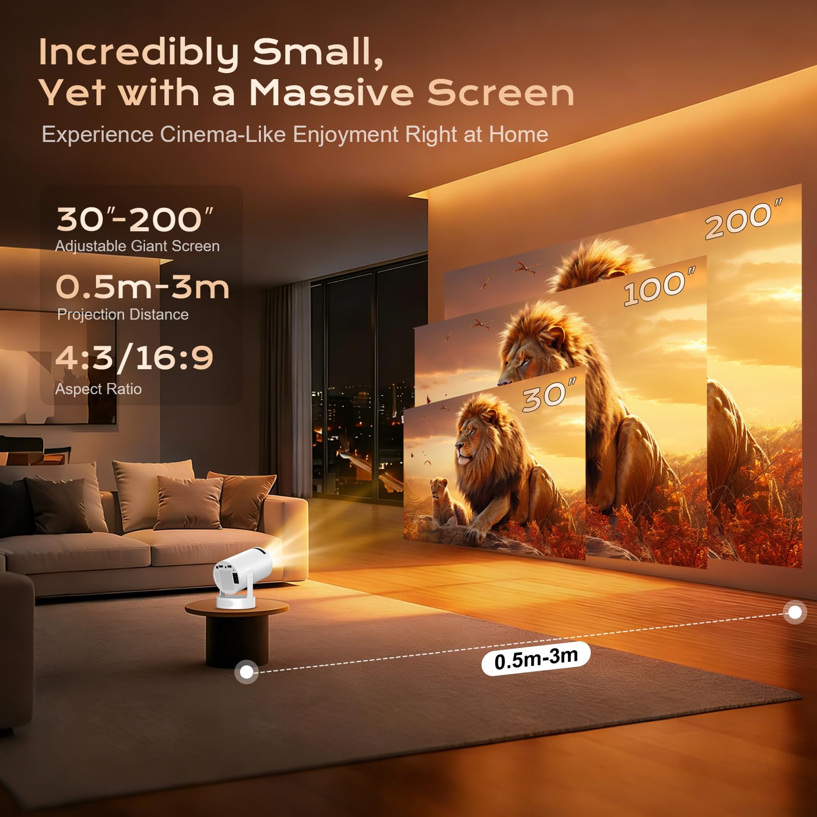 Proyector Portátil, Mini Proyector 4k 1080P Full HD Soporte 200 ANSI con WiFi 6 Bluetooth 5.4 Android 12.0, Altavoz Integrados 5W Auto Keystone Portable 270° Rotation para Cine en Casa Exterior