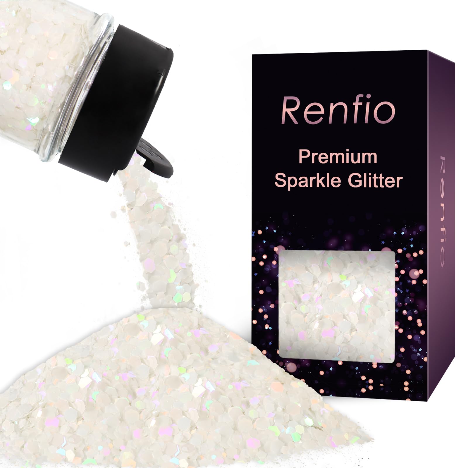 Renfio Holographic White Glitter,1.76oz/50g Iridescent Mermaid White Chunky Glitter, Laser Macaron Hexagon Sequin Flake for Snowglobe Tumbler,Fake