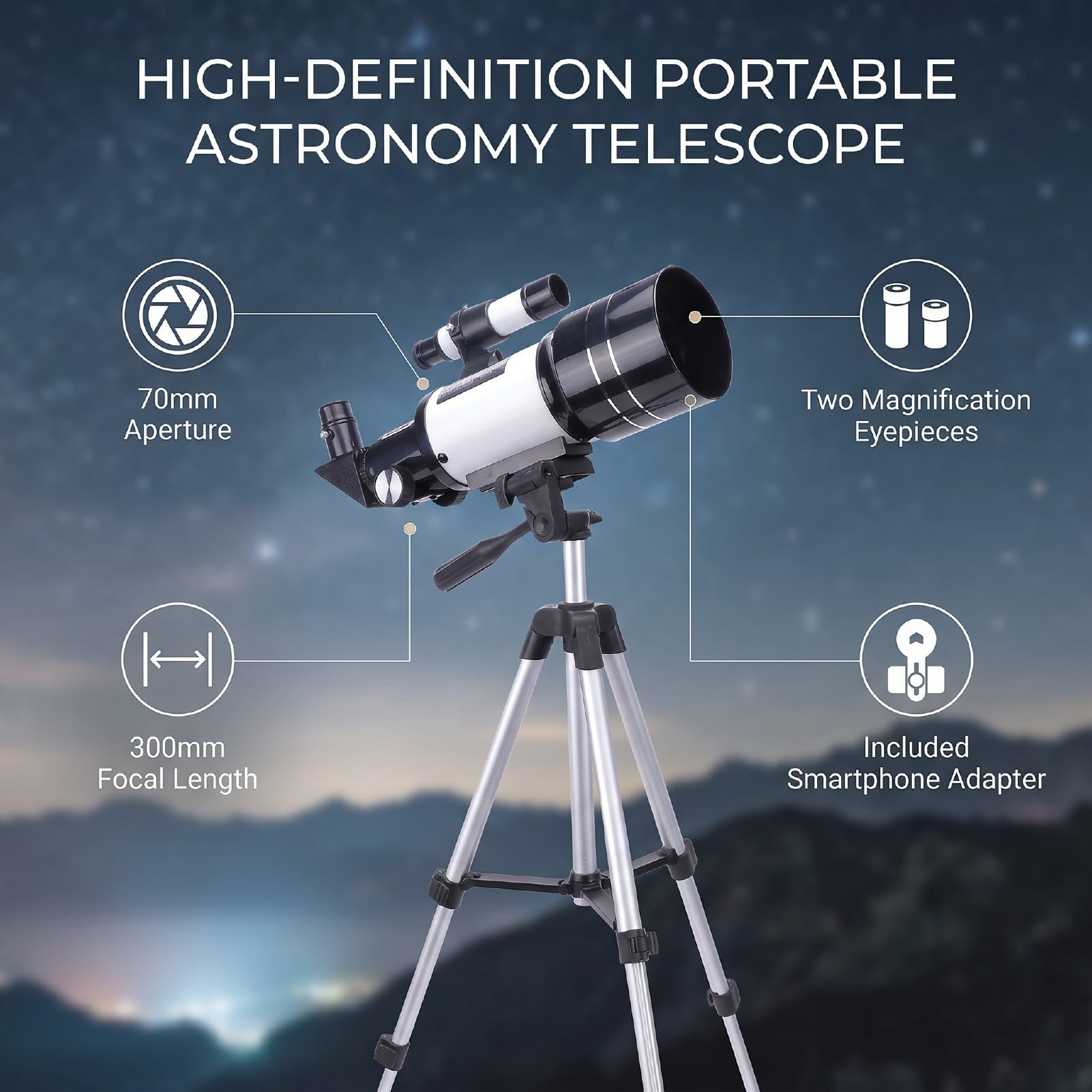 Sxhlseller Astronomia Teleskop, 70mm Apertura, 300mm Ogniskowa | ABS Refraktor, Optyka Wielopowłokowa, Okulary 15X i 50X, Uchwyt na Smartfon, Obserwacja Ptaków, Biwakowanie, Dzieci i Dorośli
