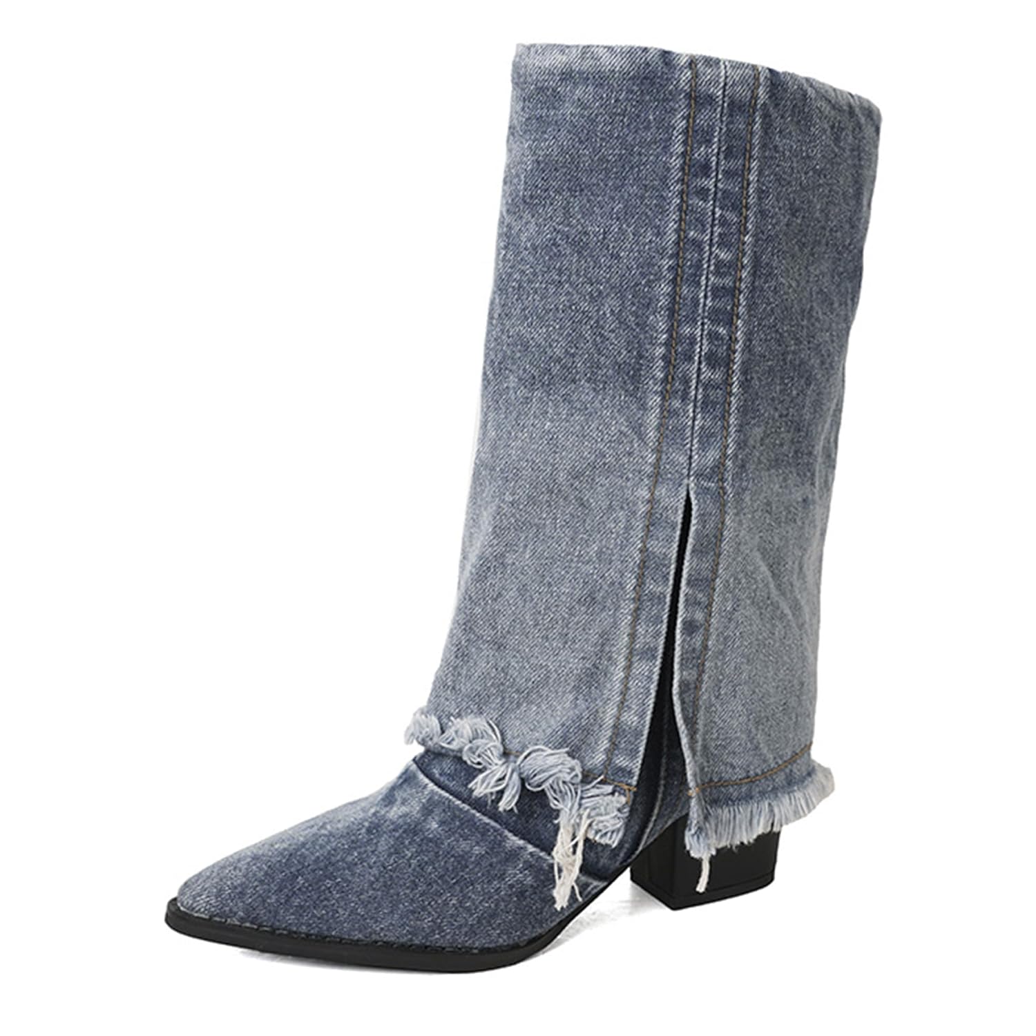 Womens Chunky Heel Folded Knee-High Boots With Fashionable Tassels Pointed Toe Folded-Over Mid-Calf Boots Retro Western Cowboy Ankle