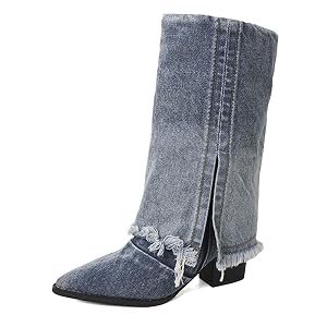 Womens Chunky Heel Folded Knee-High Boots With Fashionable Tassels Pointed Toe Folded-Over Mid-Calf Boots Retro Western Cowboy Ankle