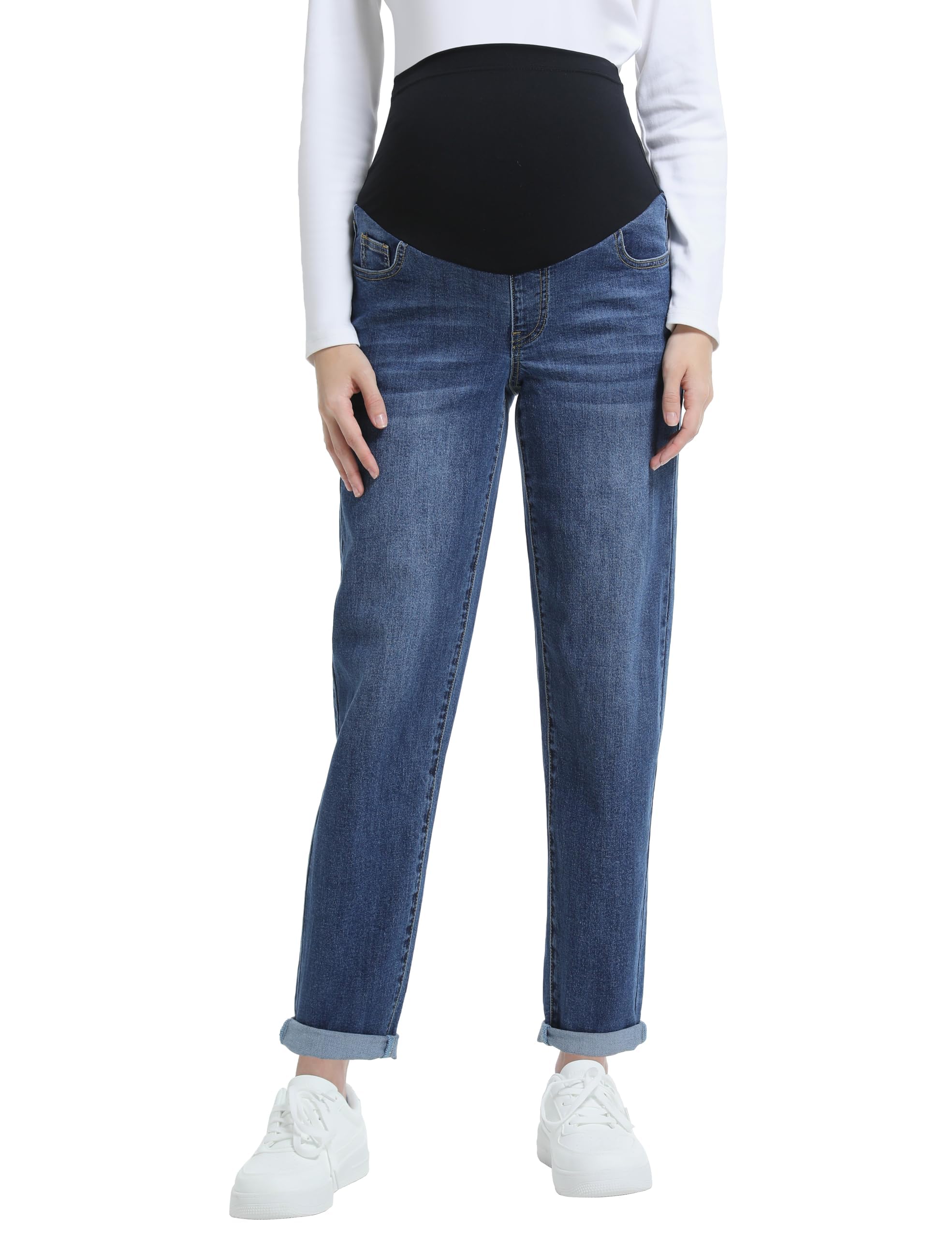 Jeans premaman da donna, sopra la pancia, stile boyfriend, con tasche, in denim