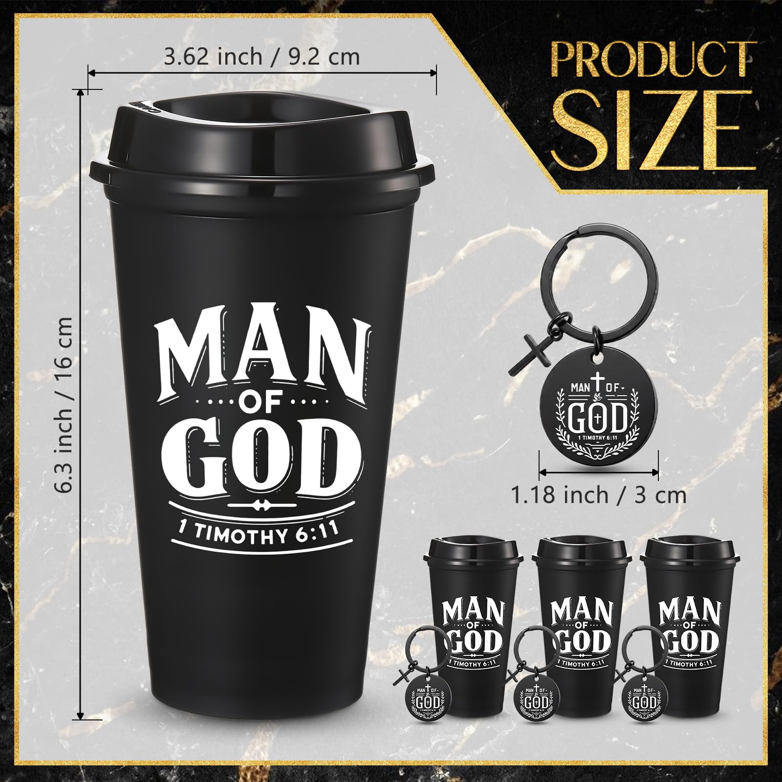 LemonRoad 40 Pcs/ 20 Sets Fathers Day Christian Gifts Man of God Bulk 16oz Reusable Coffee Cups with Lids Man of God Keychains Cross Gifts for Church Religious Men Dad Godfather Coworkers Employee
