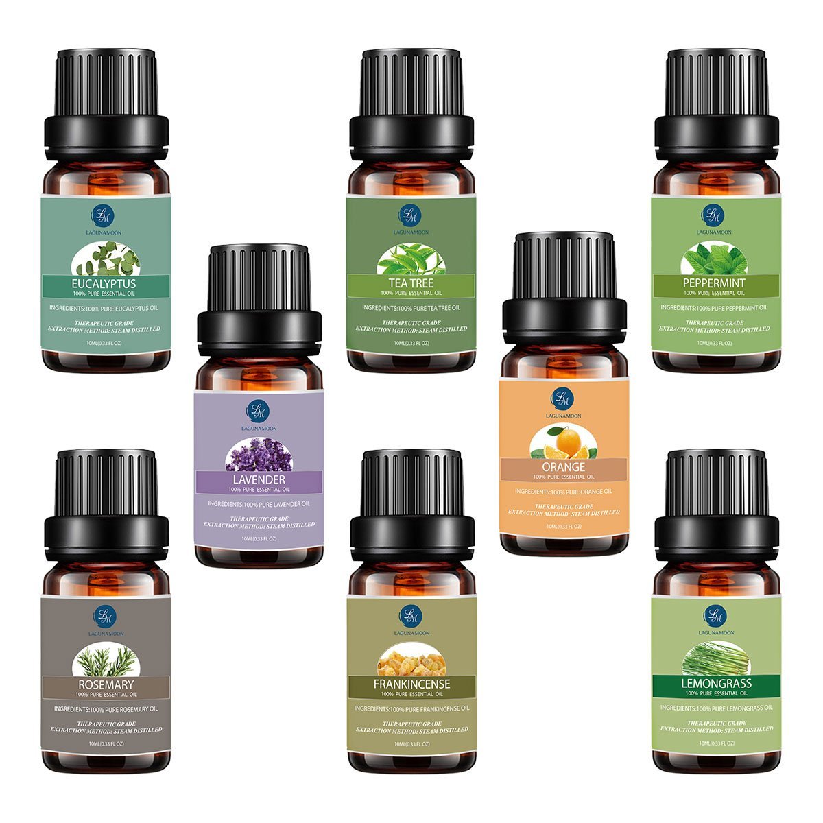 Lagunamoon Top 8 Essential Oils Set,Pure Aromatherapy Oils,Lavender,Eucalyptus,Lemongrass,Frankincense,Orange,Rosemary,Peppermint,Tea Tree Essential Oils