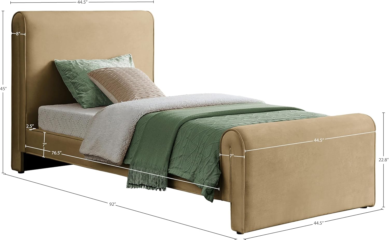 Meridian Furniture SloanCamel-T Sloan Collection Modern | Contemporary Velvet Upholstered Twin Bed with Rich Soft Camel Velvet, Curved Headboard and Footboard, 44.5" W x 92" D x 45" H, Camel, Twin