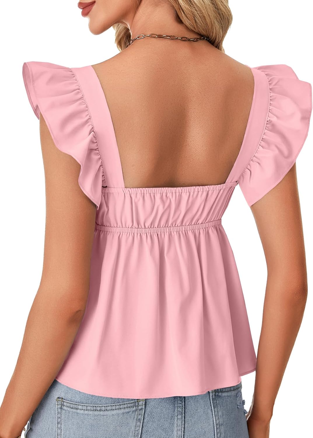 Rooscier レディース スクエアネック フリルキャップスリーブ シャーリング ペプラム ベビードール ブラウス タンクトップ