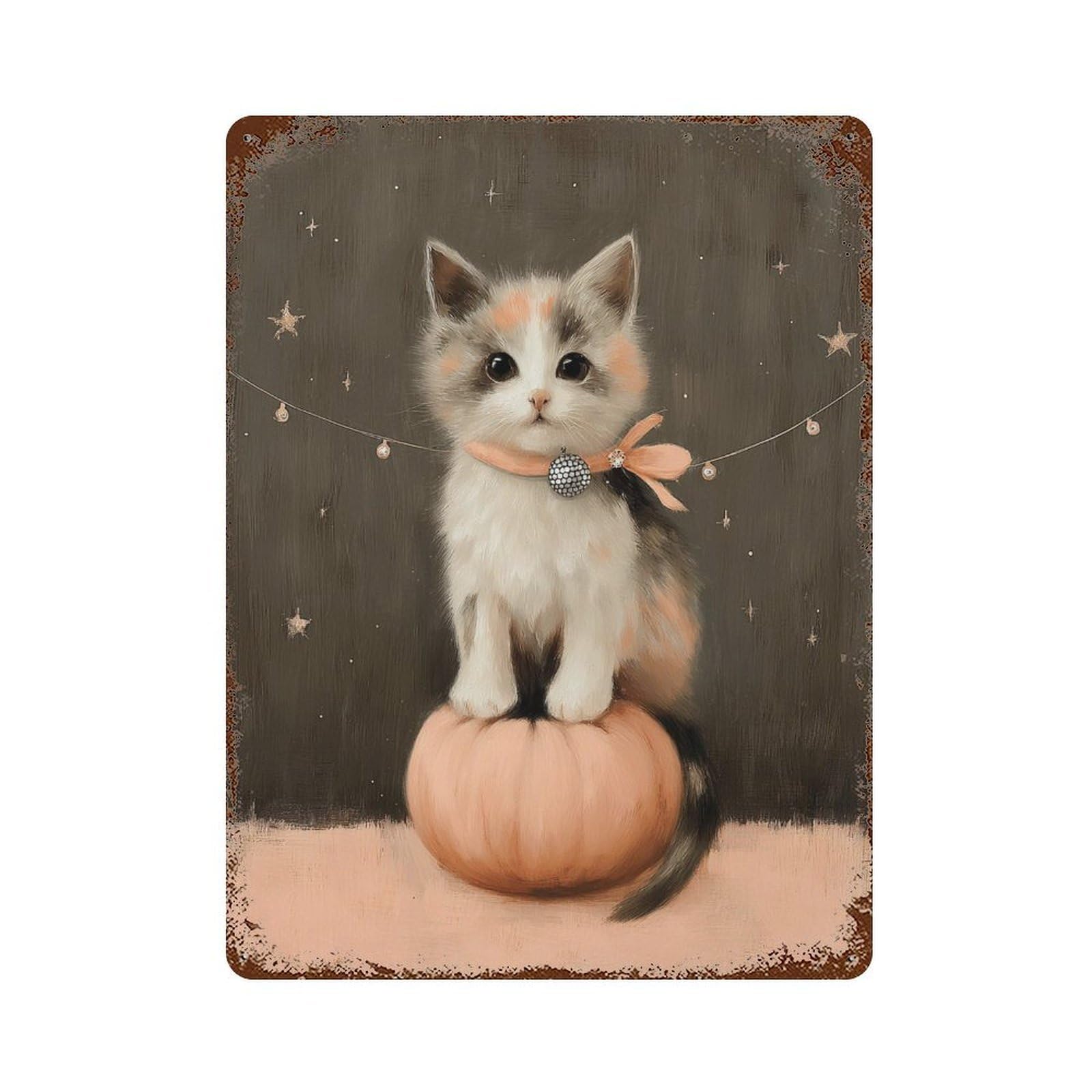 Garage Style Adorable Kitten on Pumpkin with Stars Distressed Metal Wall Sign 15.7"x11.8", Shabby Chic Decor for Bar And Workshop