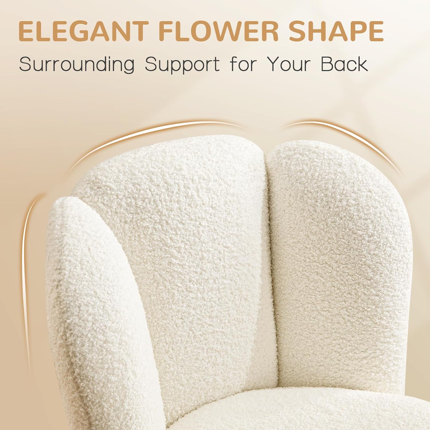 Furniliving Flower-Shaped Boucle Vanity Chair with Wheels, Adjustable Height Swivel Desk Chair, Armless Makeup Chair for Bedroom Home Office, White
