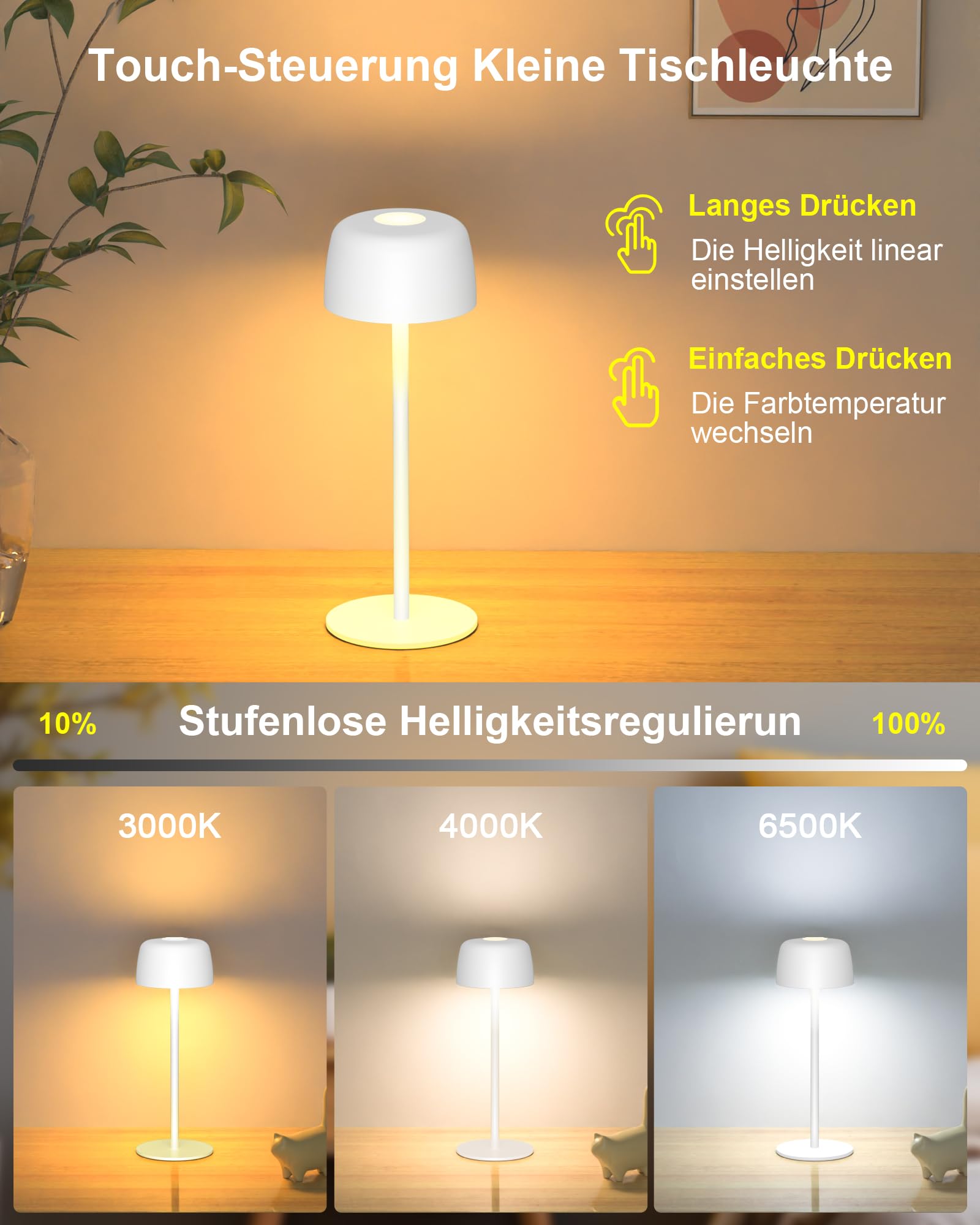 Lampada da Tavolo Senza Fili Metallo, H:25cm Lampada da Comodino Ricaricabile USB-C, 3 Temperature Colore, Lampada da Scrivania IP54 Impermeabile per Ristorante, Camera da Letto, Bar