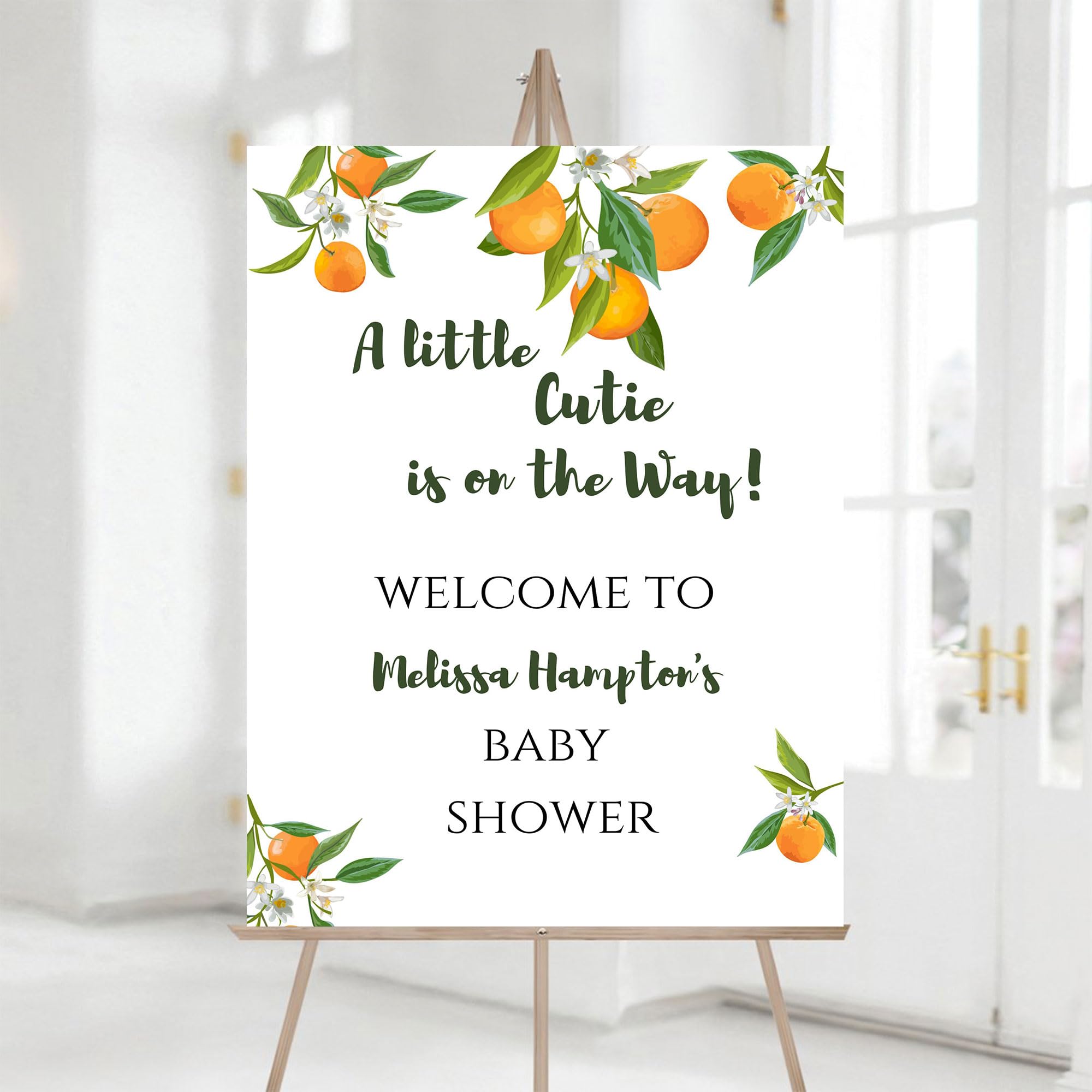 Personalized A Little Cutie Is On The Way Baby Shower Welcome Sign, Citrus, Orange Poster