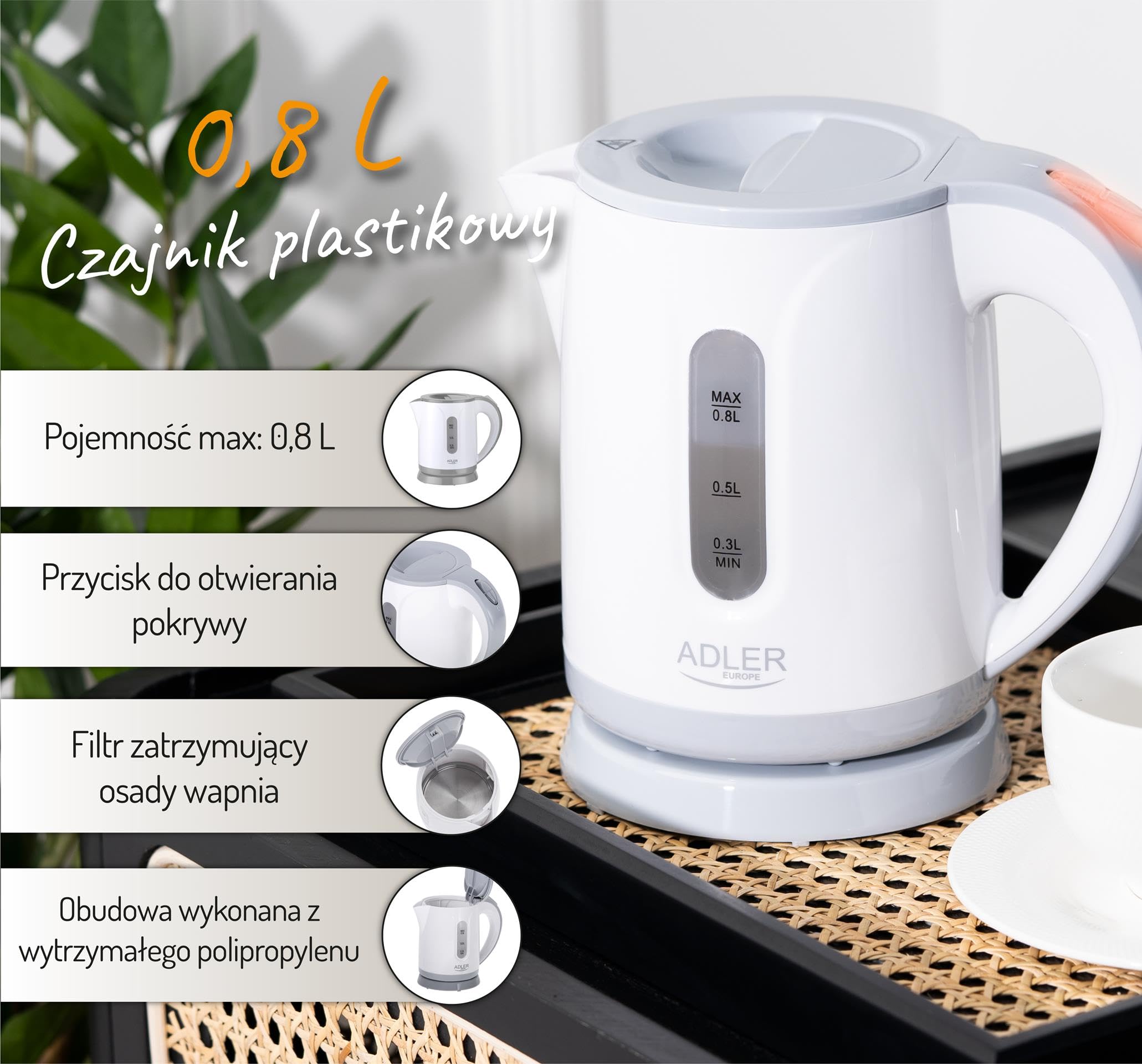 Adler AD 1371g Czajnik Elektryczny, 0.8L, Filtr Antywapienny, Obrotowa Podstawa 360°, 850W