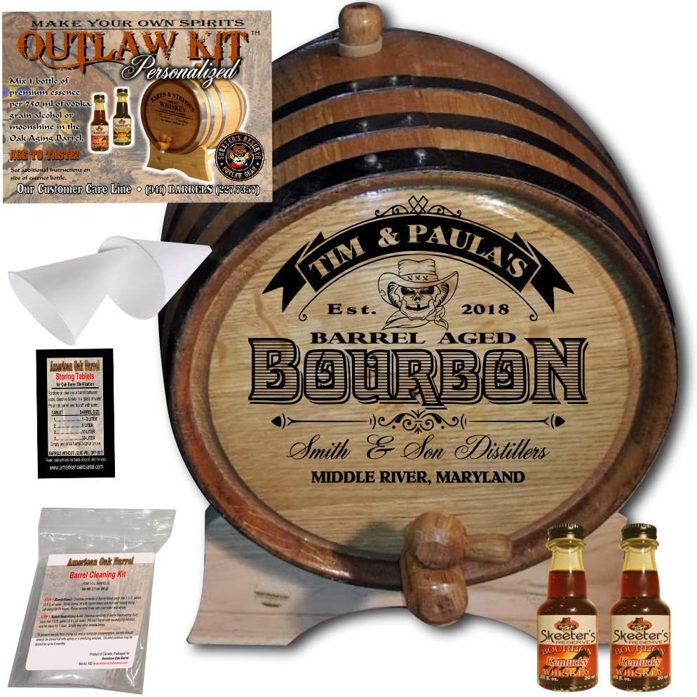Personalized Whiskey Making Kit (102) - Create Your Own Kentucky Bourbon Whiskey - The Outlaw Kit from Skeeter's Reserve Outlaw Gear - MADE BY American Oak Barrel - (Oak, Black Hoops, 2 Liter)