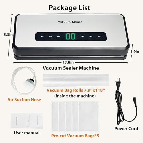 Miniatura 5 de Máquina selladora al vacío, almacenamiento y cortador de rollos de bolsas integrados, sellador de alimentos compacto rápido, potente succión de 90