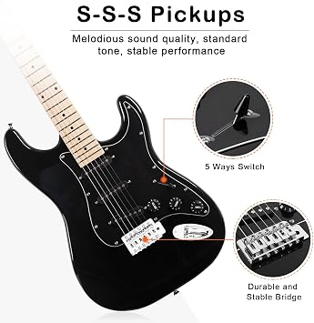 Ktaxon 39 Inch Electric Guitar with Amp, Full Size 6 String SSS Pickups Electric Guitars Kit W/Accessories Guitar Strap, Plectrum, Gig Bag, Tremolo Bar for Beginner (Black)