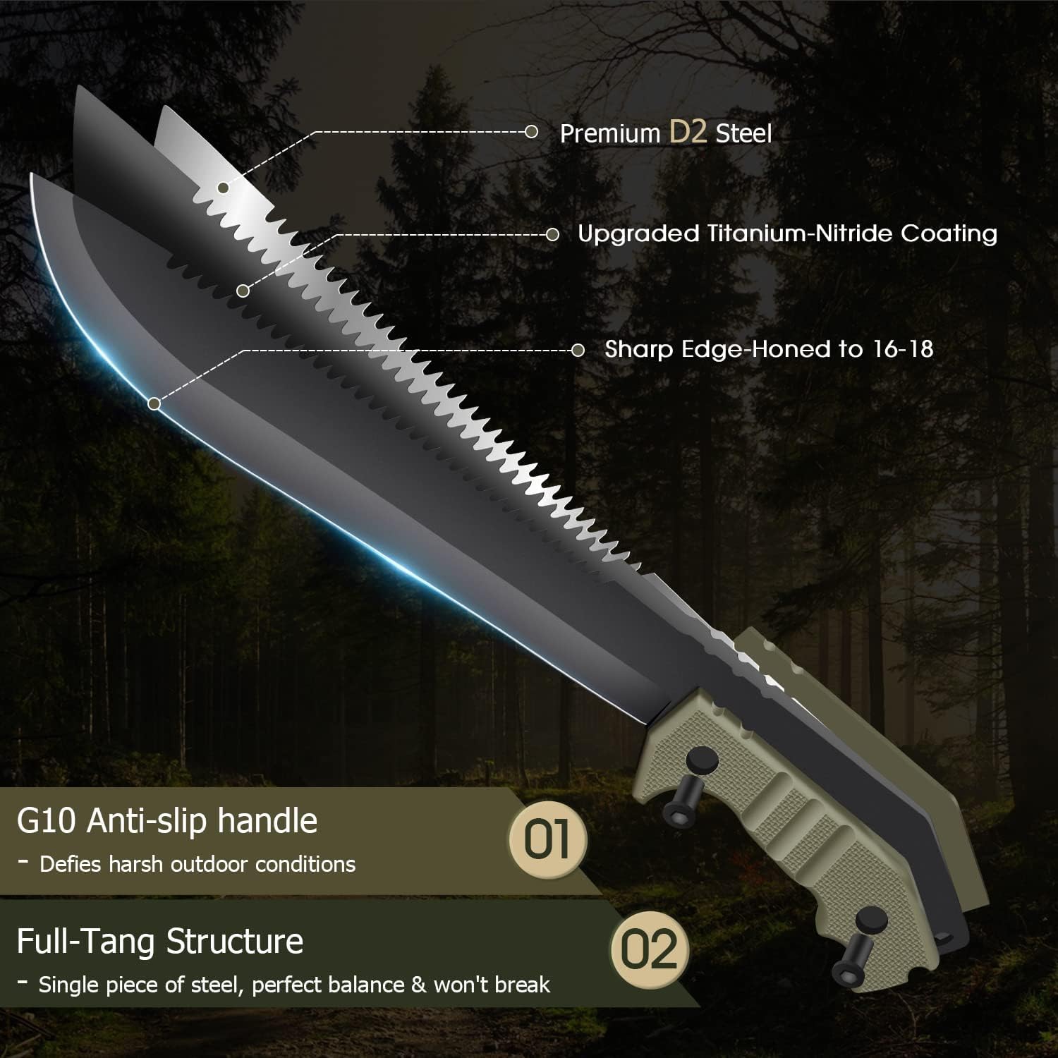 Purple Dragon Grande coltello da esterno con fodero, coltello Full Tang realizzato in un unico pezzo di acciaio D2, coltello da sopravvivenza