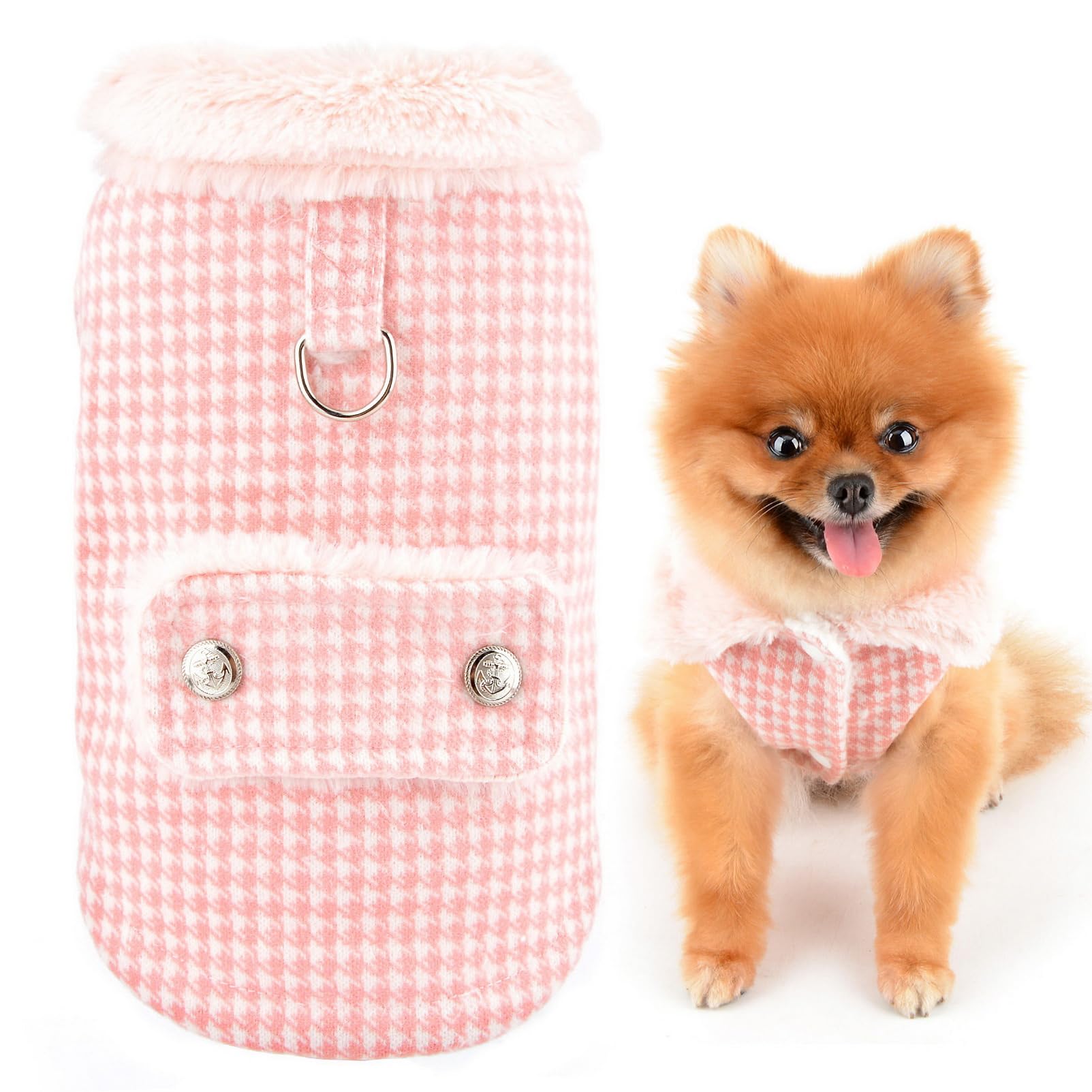 SMALLLEE_LUCKY_STORESMALLLEE_LUCKY_STORE Woolen Dog Coat for Small Dog, Fleece Houndstooth Pet Jacket with D-ring and Fuzzy Collar, Warm Puppy Vest Winter Fall Clothes Chihuahua Yorkie Cat Padded, Pink, S