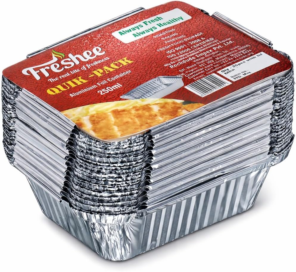 Freshee Aluminium Foil Container Box 250 ml with Lid for Food Storage & Takeaway | Heat-Resistant Leak-Proof Disposable Containers | Oven Safe Boxes for Packing Baking Freezing Reheating | Pack of 25