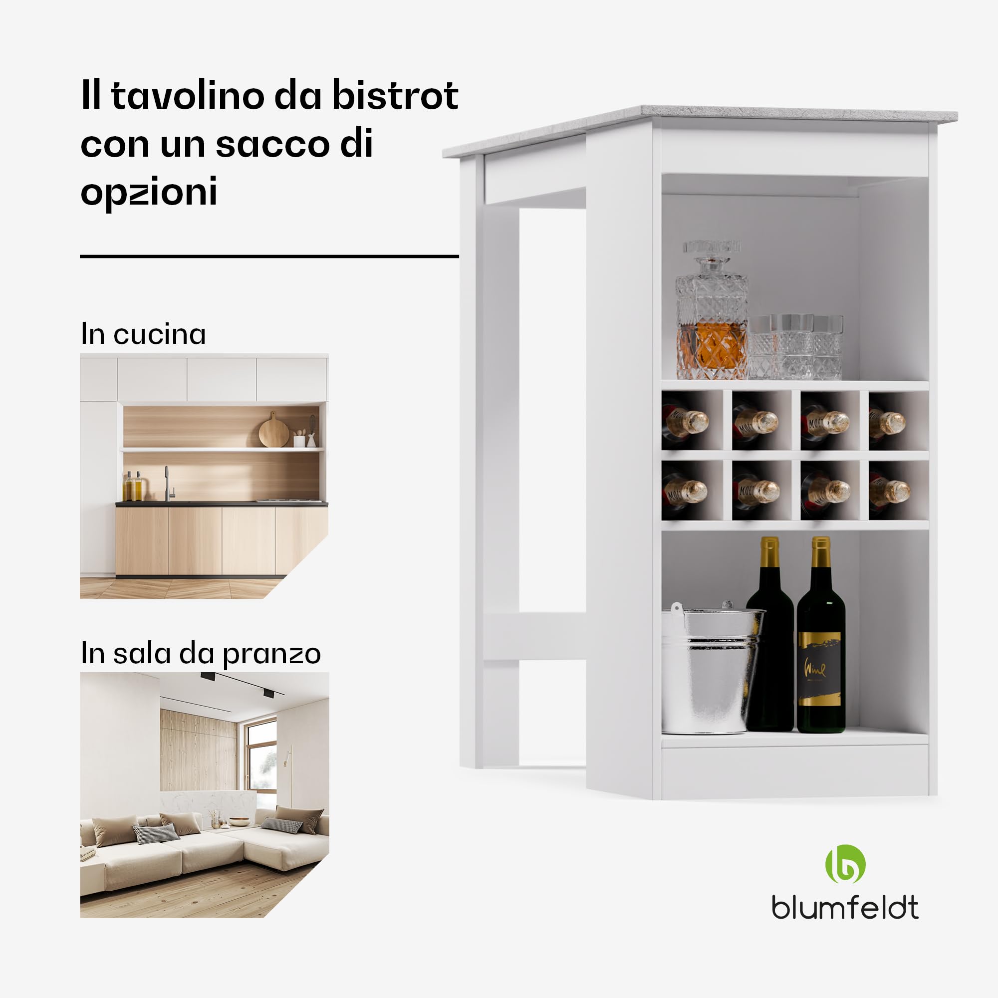 blumfeldt Tavolo Bar, Tavolo da Bar Alto per Cucina 110 cm con 3 Ripiani Regolabili, Tavolo Alto da Esterno Facile da Assemblare, Tavolo Bar Cucina a Isola, Rivestimento in Melamina Facile da Pulire